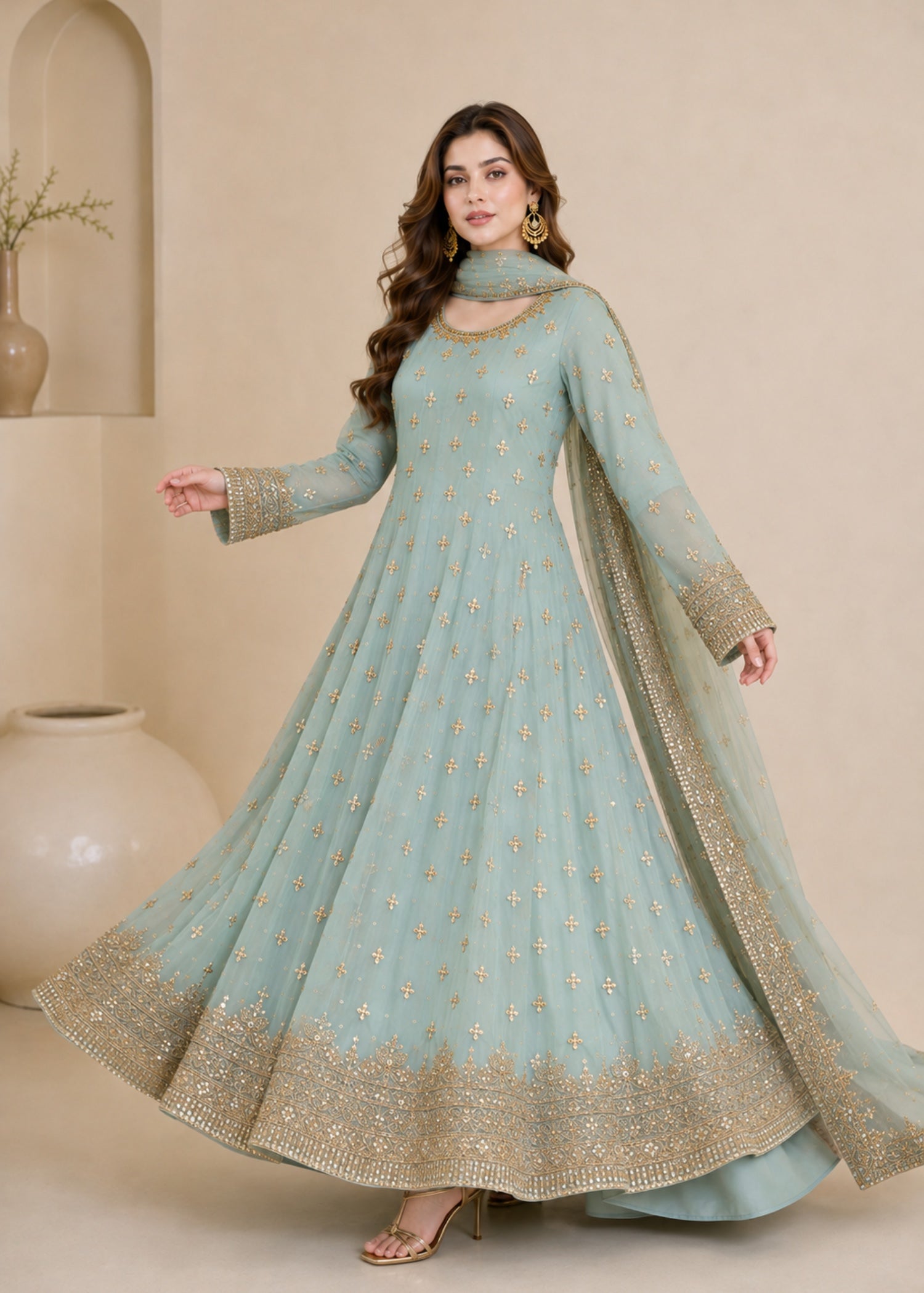 chiffon Pishwas in Aquamarine