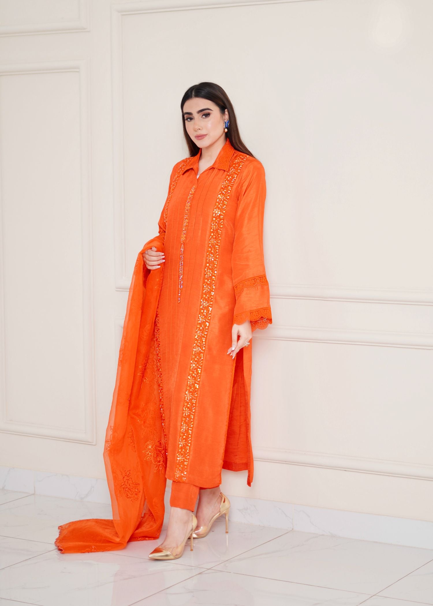 raw silk Kurta Set in Pumpkin orange