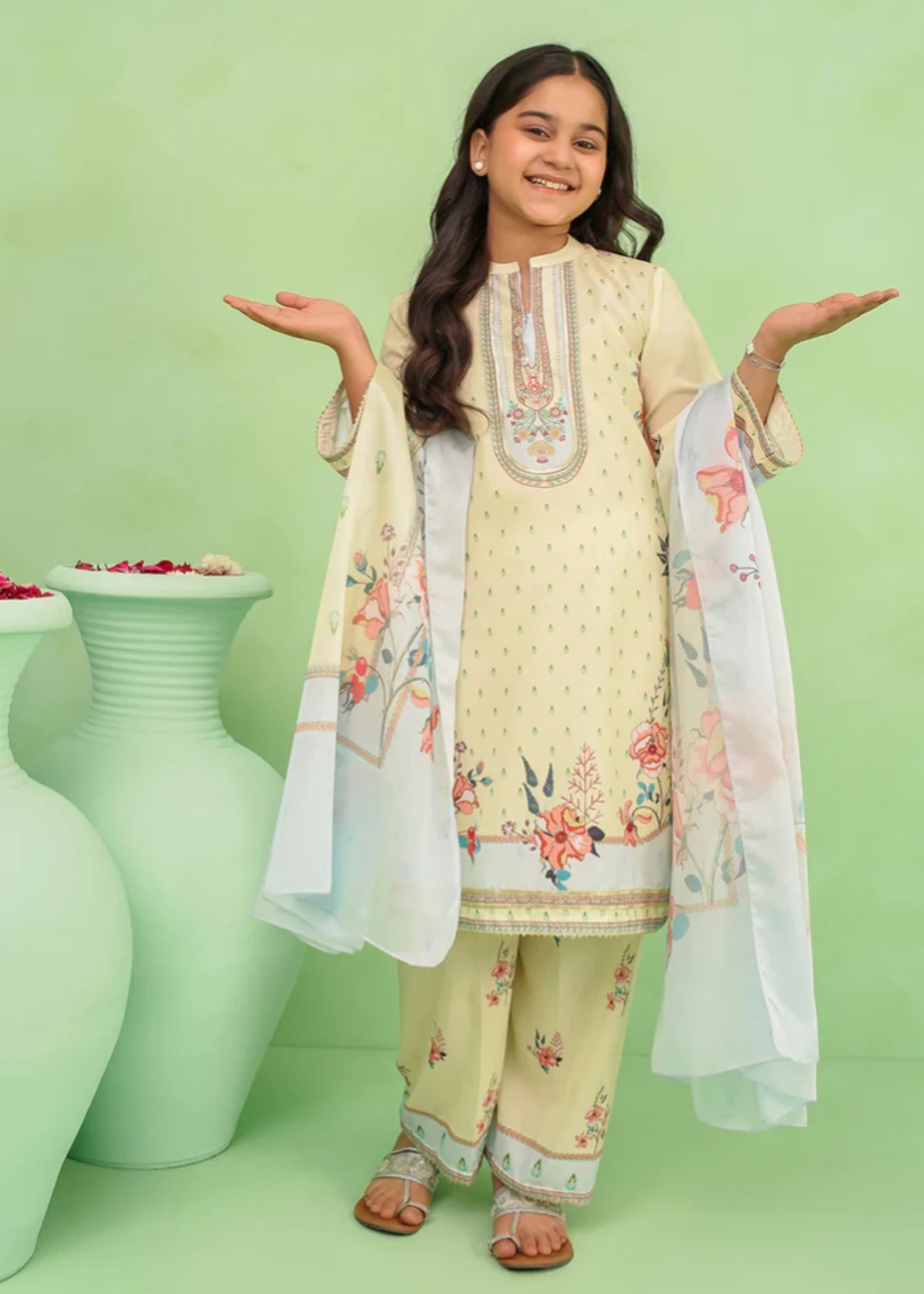 poly lawn Kurta Set in Sky blue, lemon