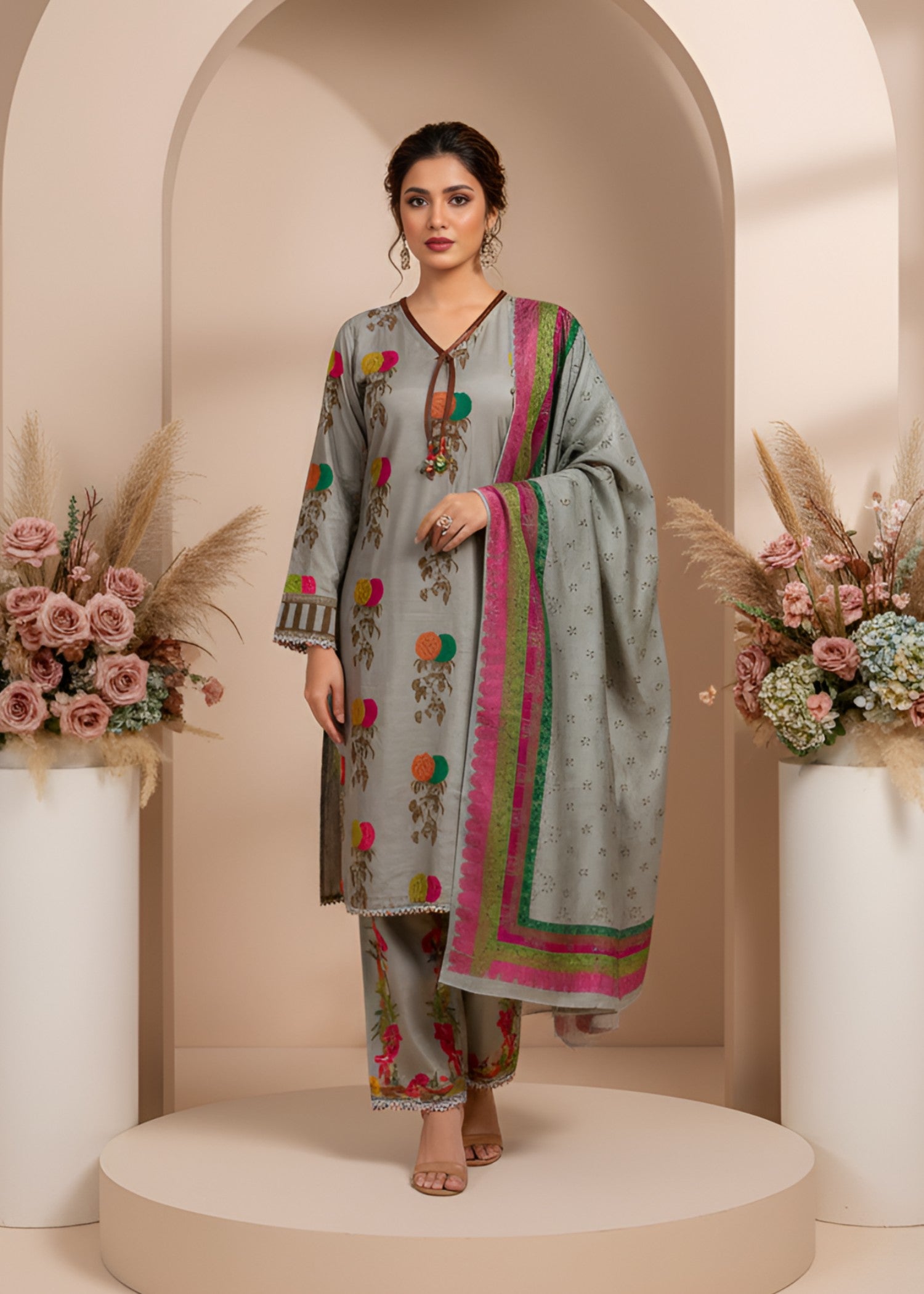 crepe Kurta Set in Grey
