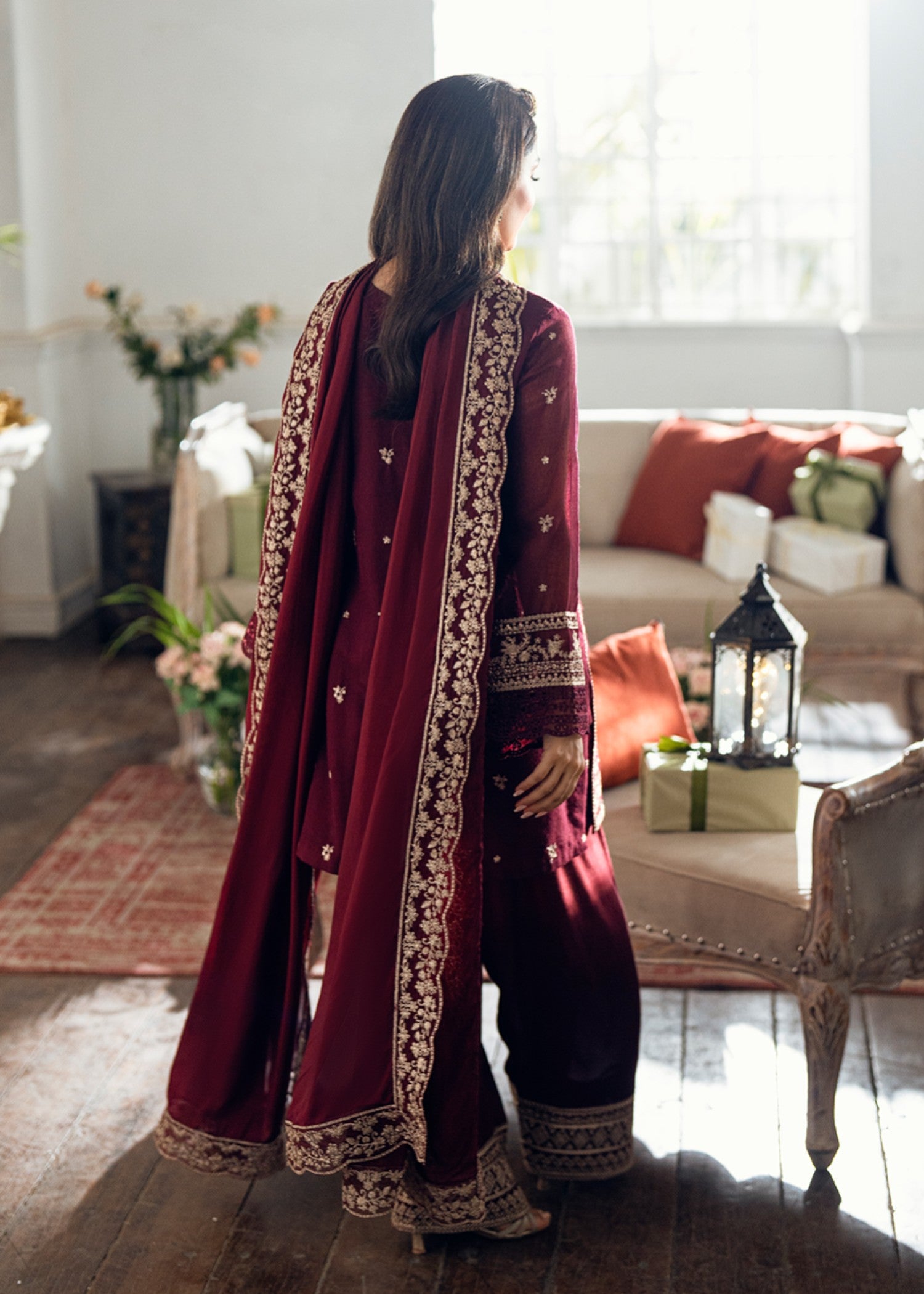 khaddi net shabnam zari Unstitched in Burgundy