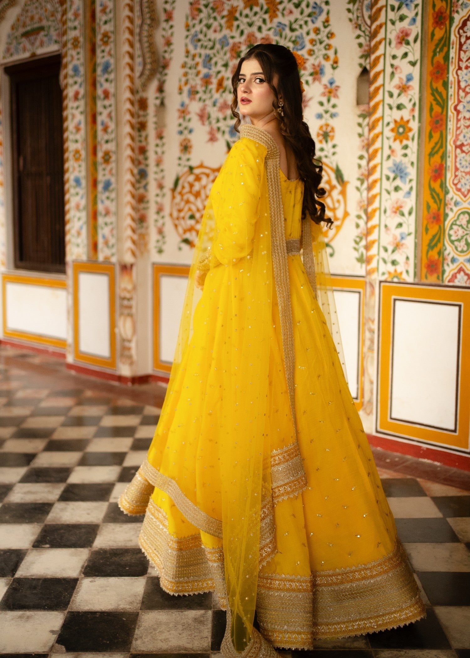 raw silk Anarkali in Yellow