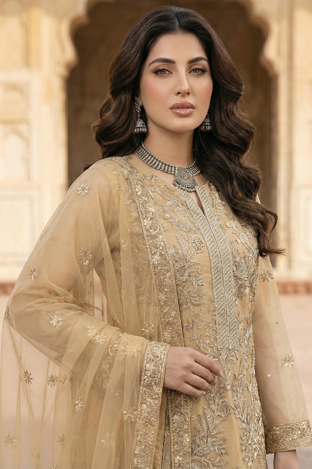 silk cotton net Kurta Set in Gold
