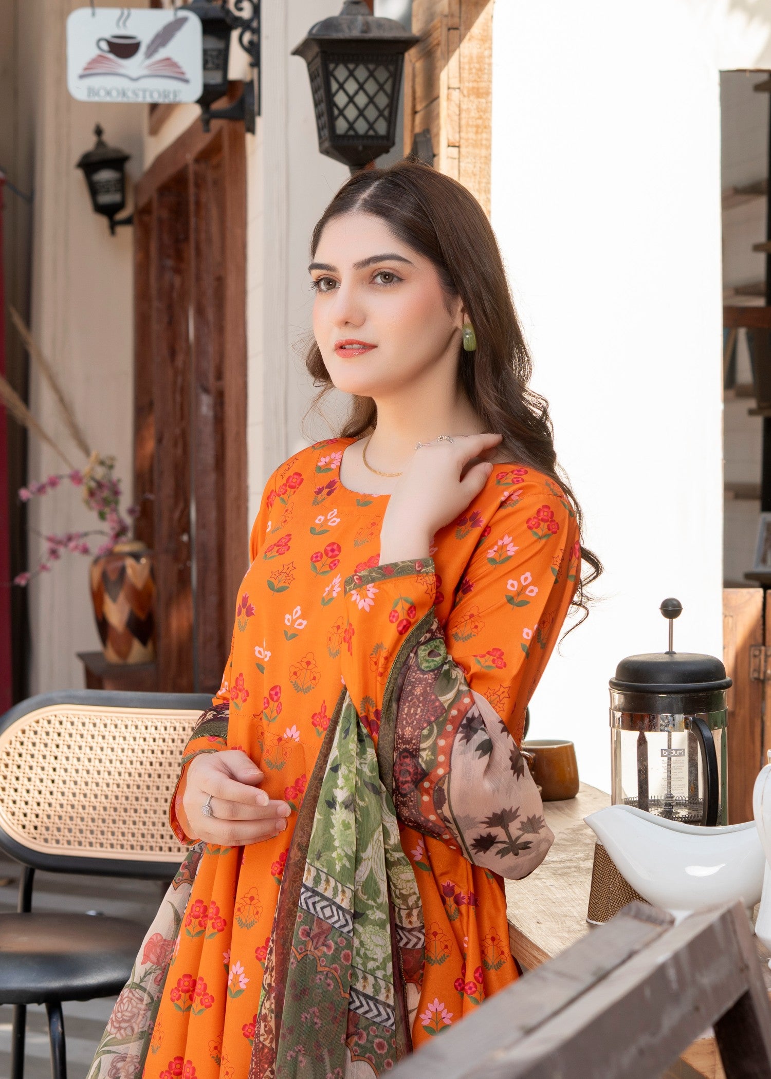 poly lawn Anarkali in Pumpkin orange