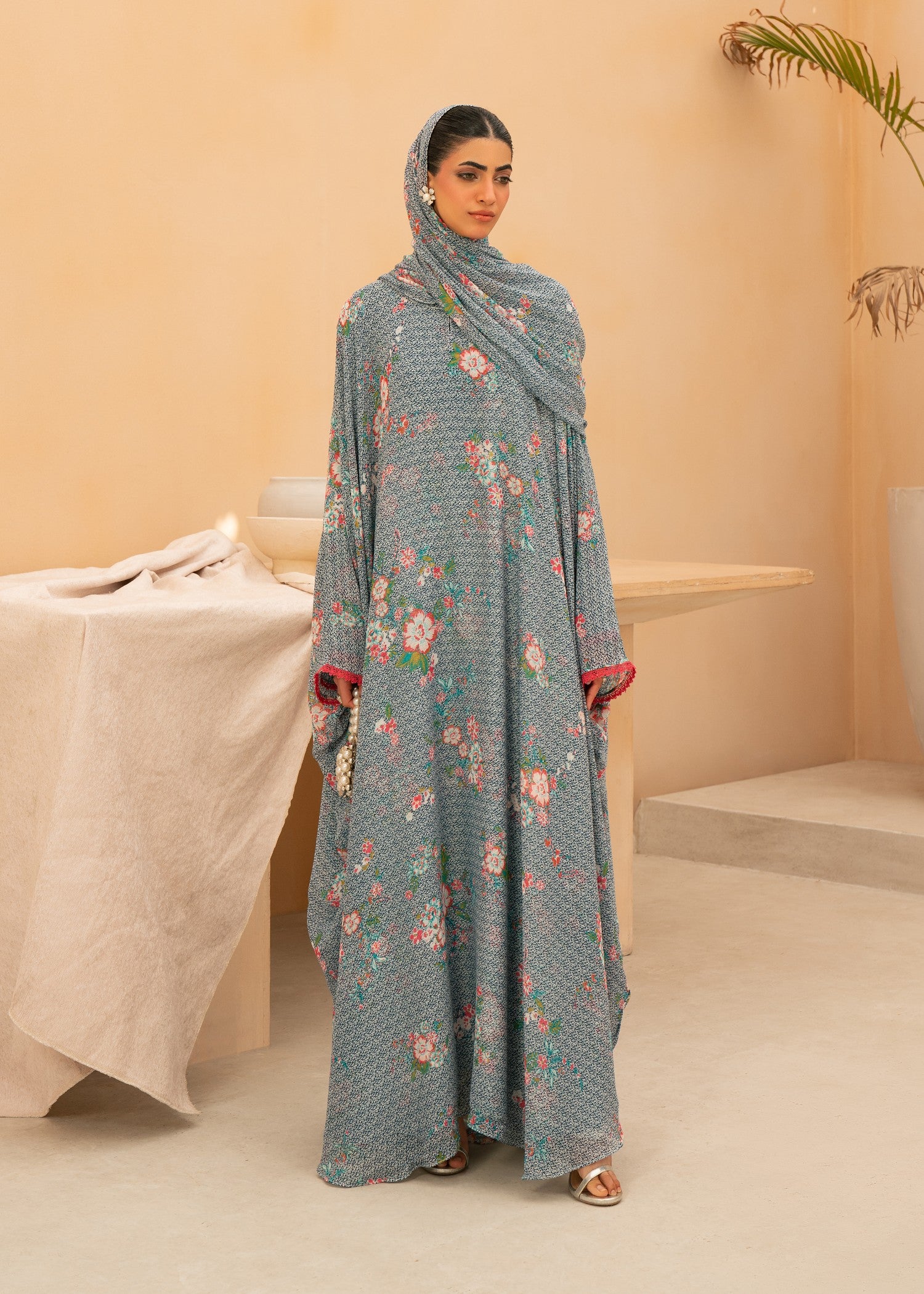 chiffon Abaya in Light blue, salmon, multi