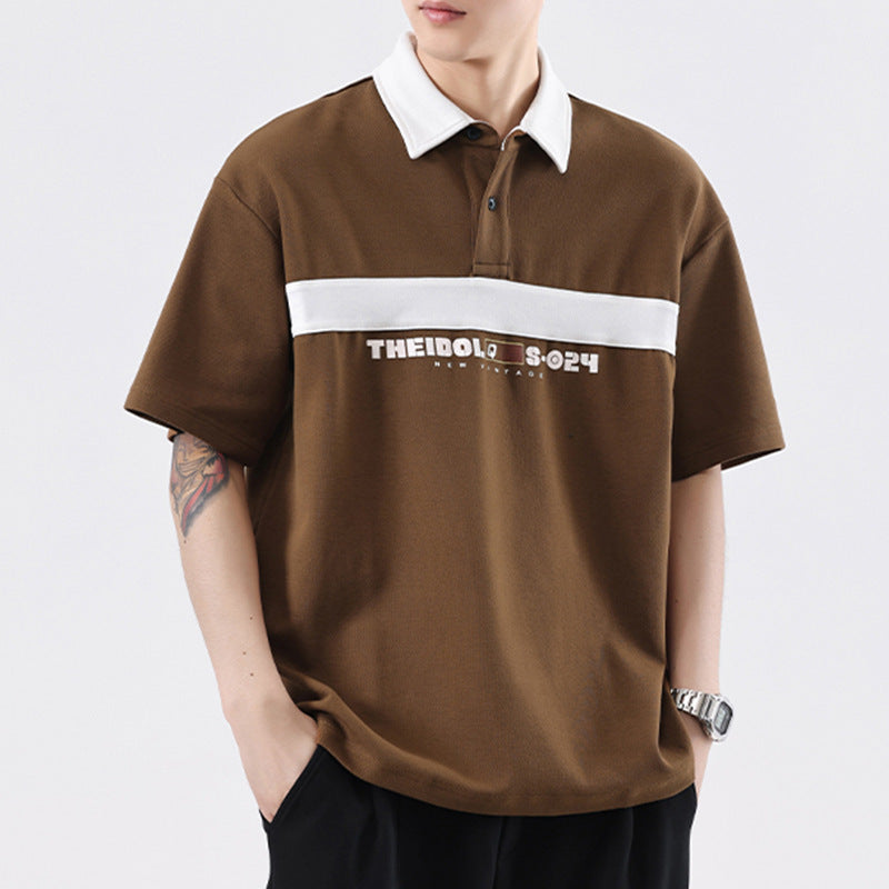 Vintage Stripe Stitching Contrast Color Loose Fashion Brand Lapel T-shirt