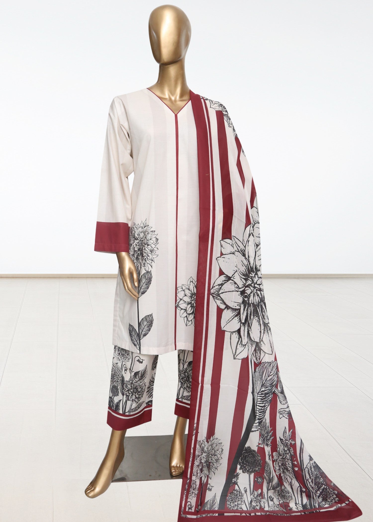 lawn Kurta Set in Black, carmine, ivory