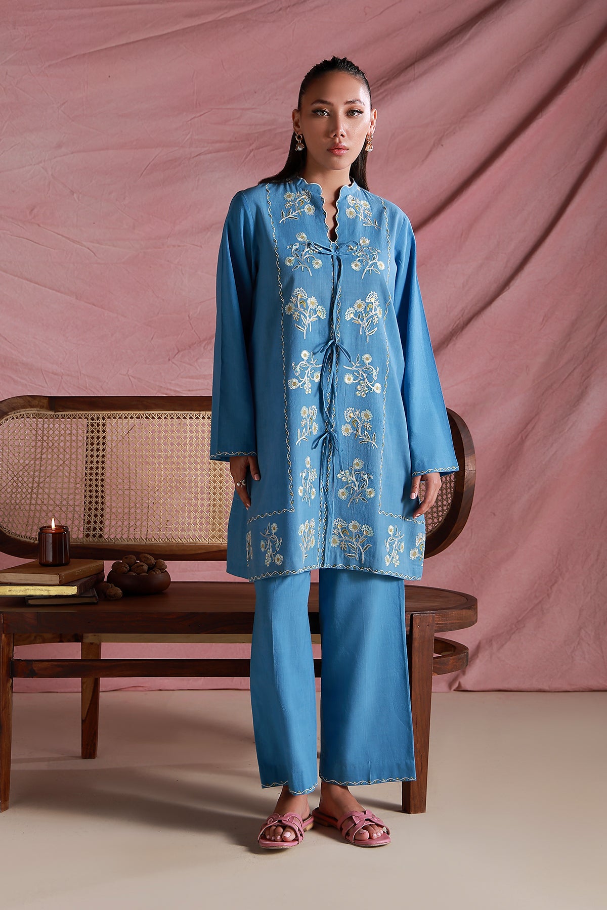 ribbed lawn Kurta Set in Ocean blue