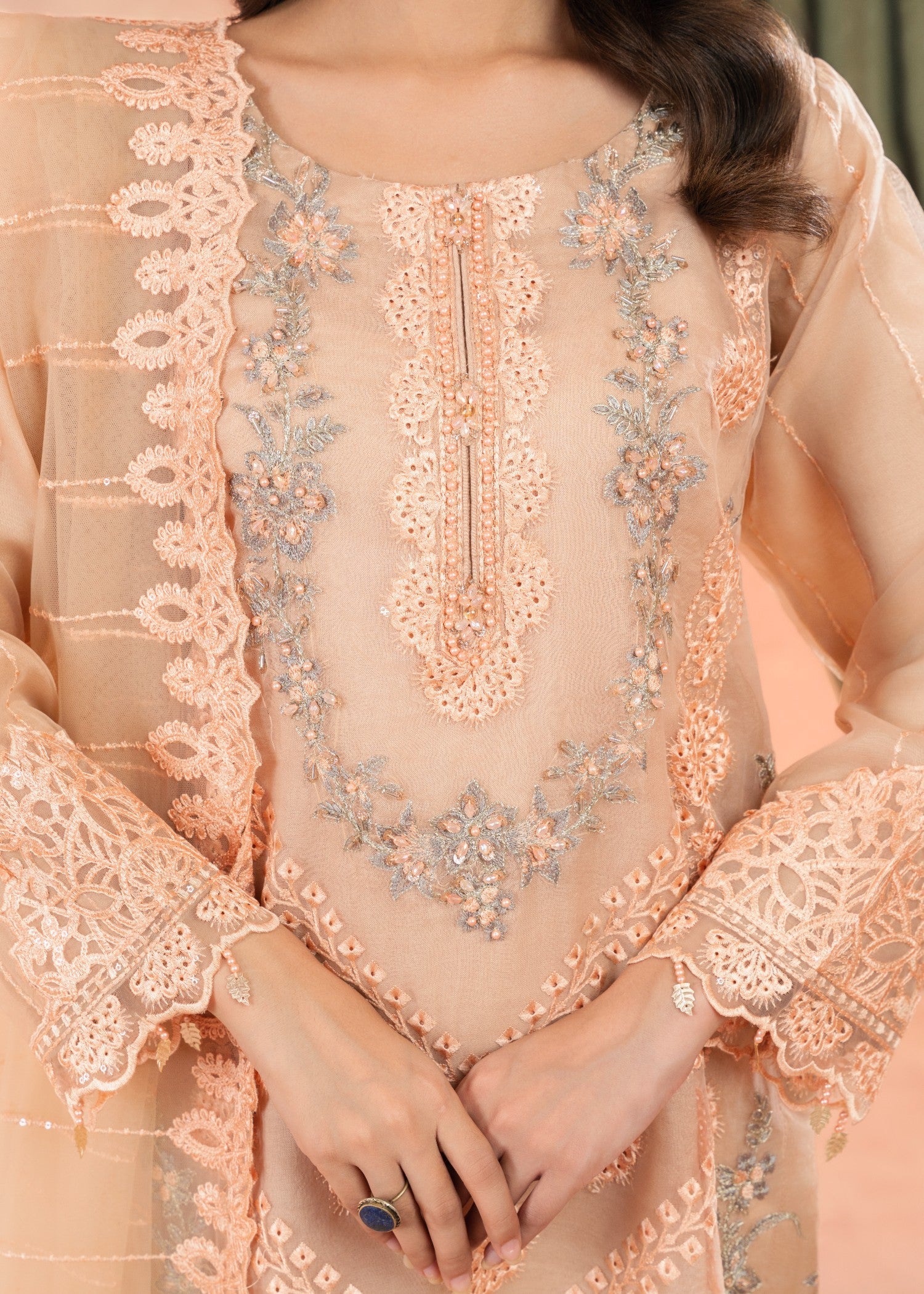 organza Kurta Set in Peach orange