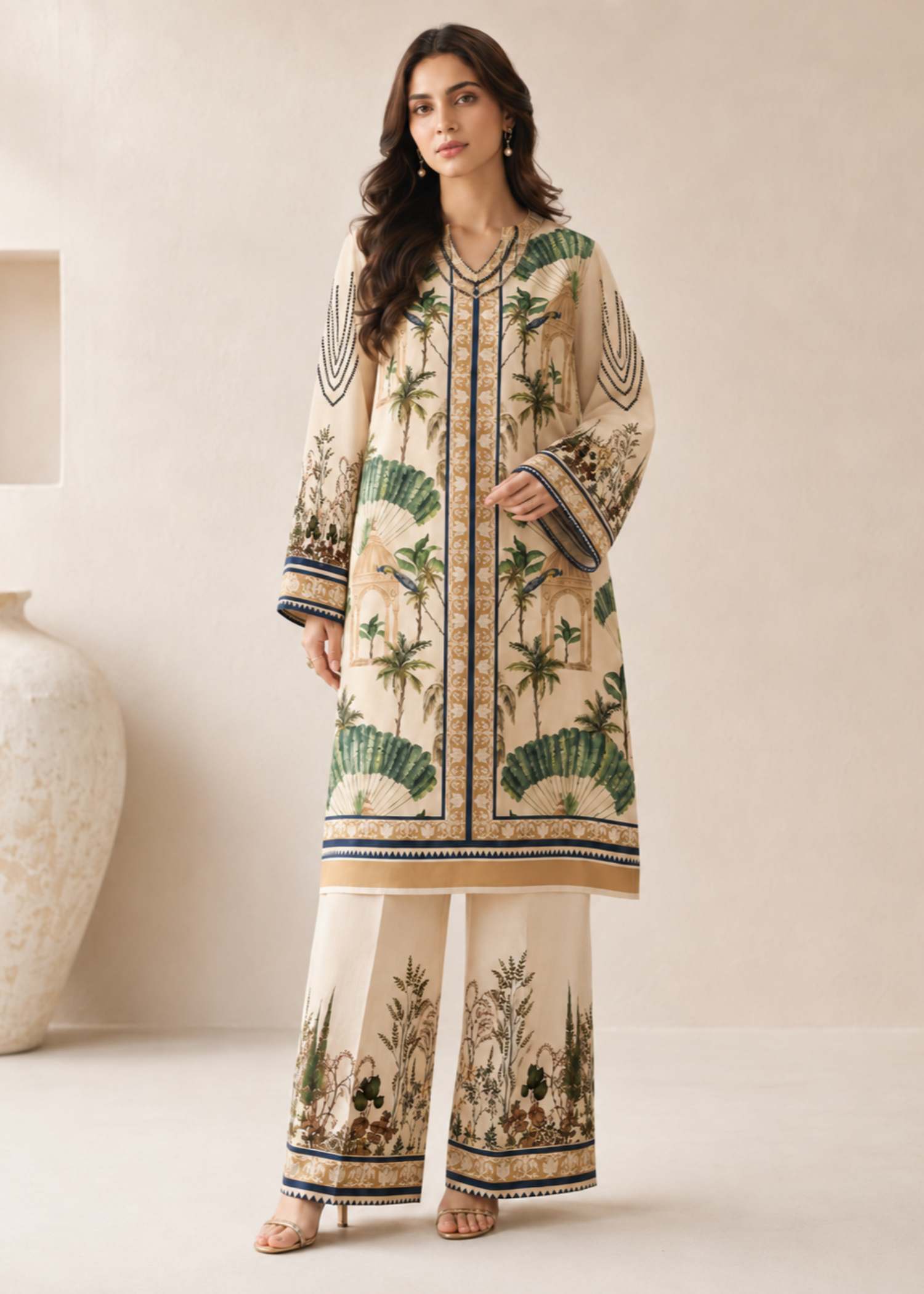 lawn Unstitched in Beige, green
