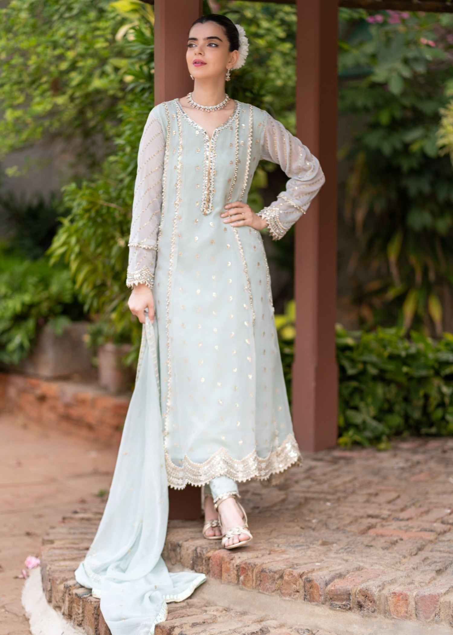 chiffon Pishwas in Powder blue