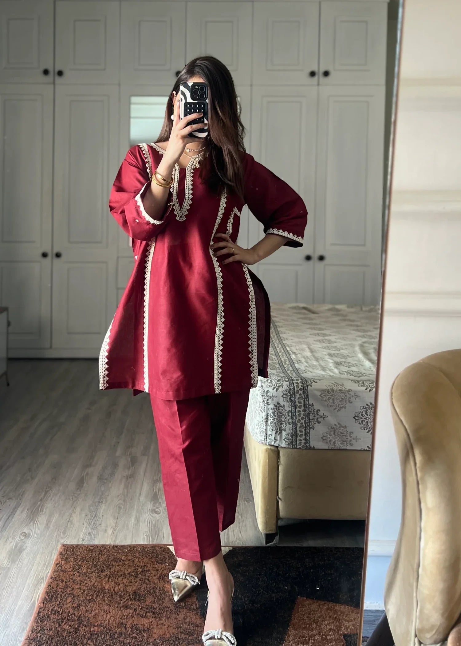 cotton linen Kurta Set in Blood red