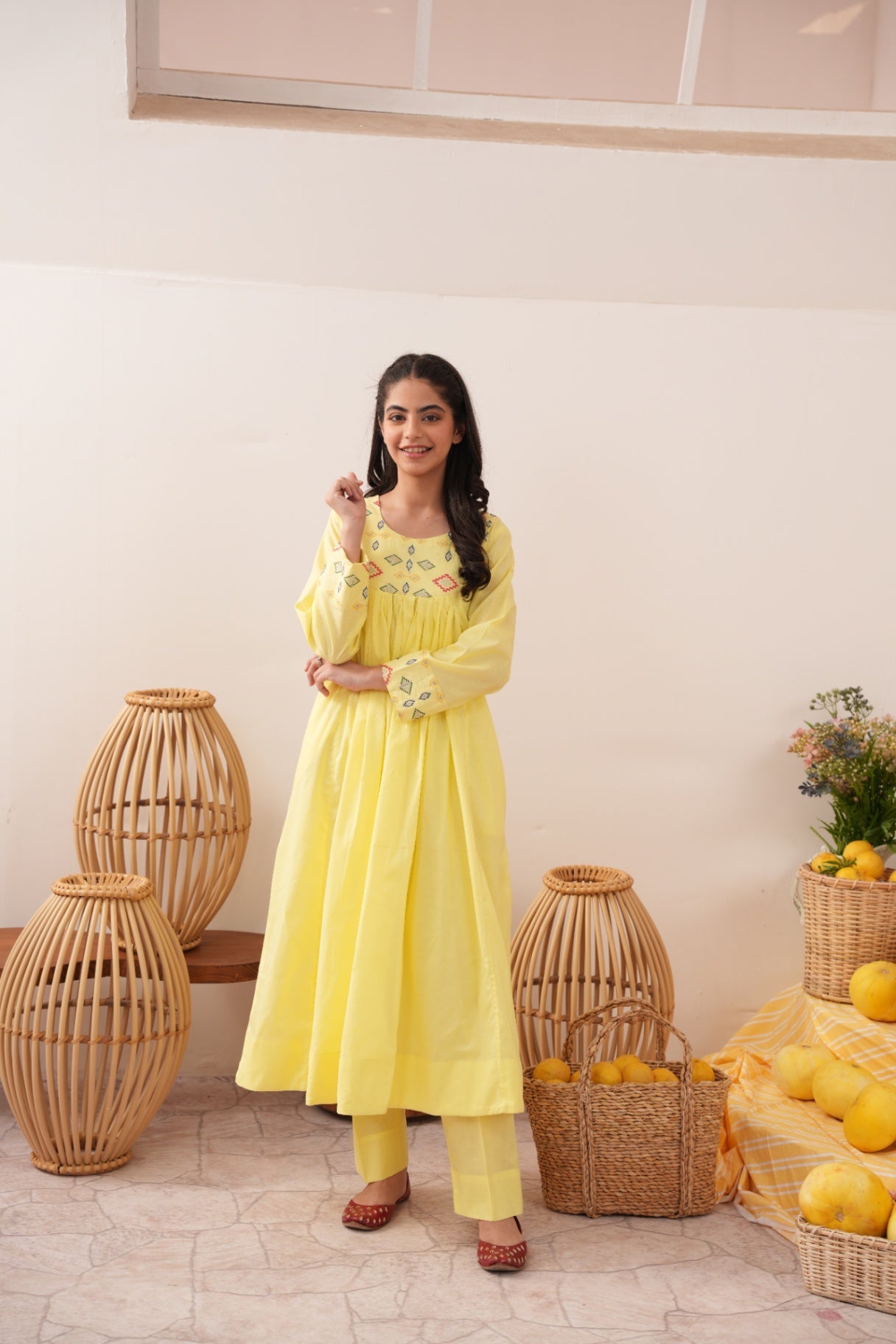 lawn cotton Anarkali in Lemon