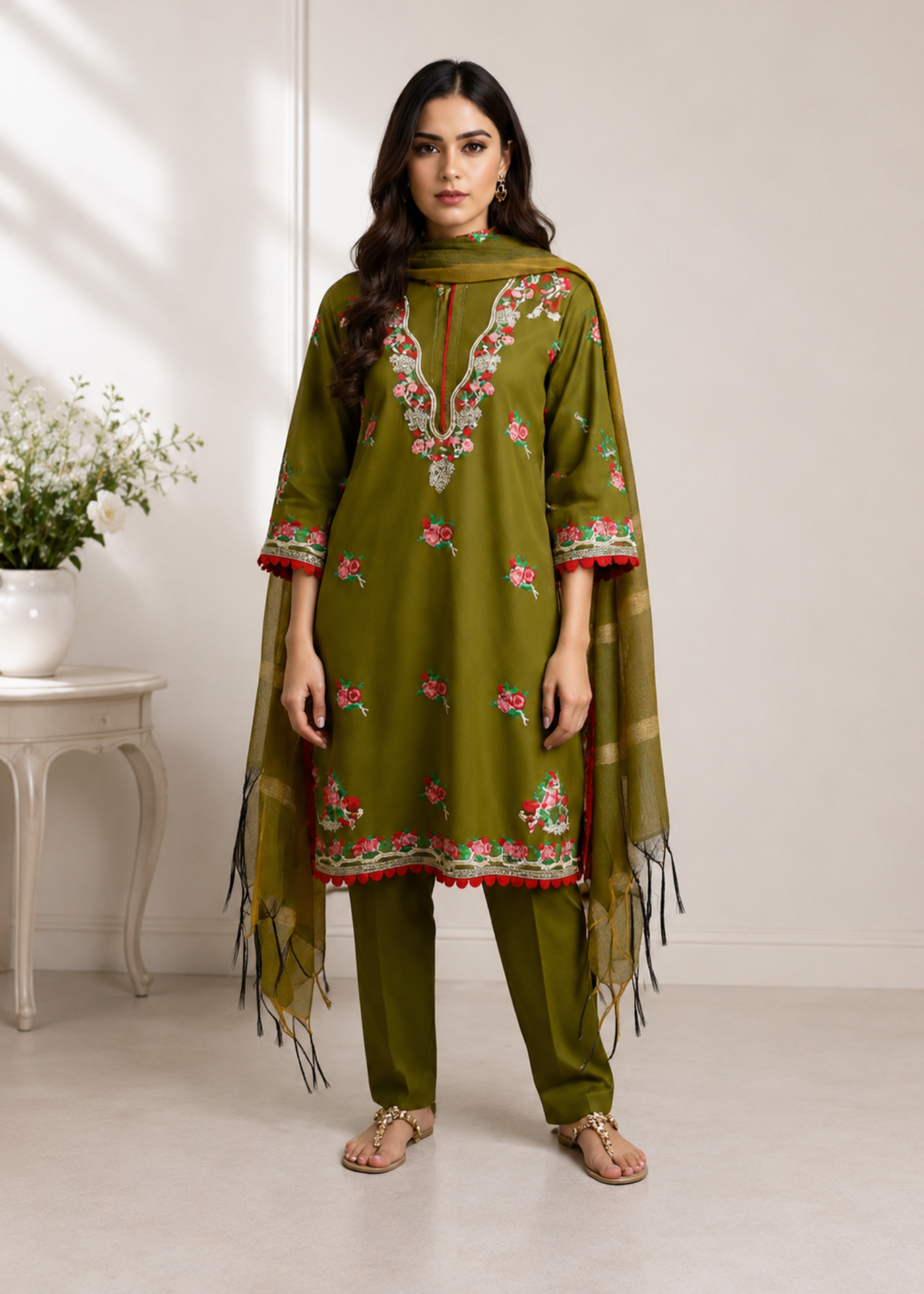 lawn cotton Unstitched in Olive green