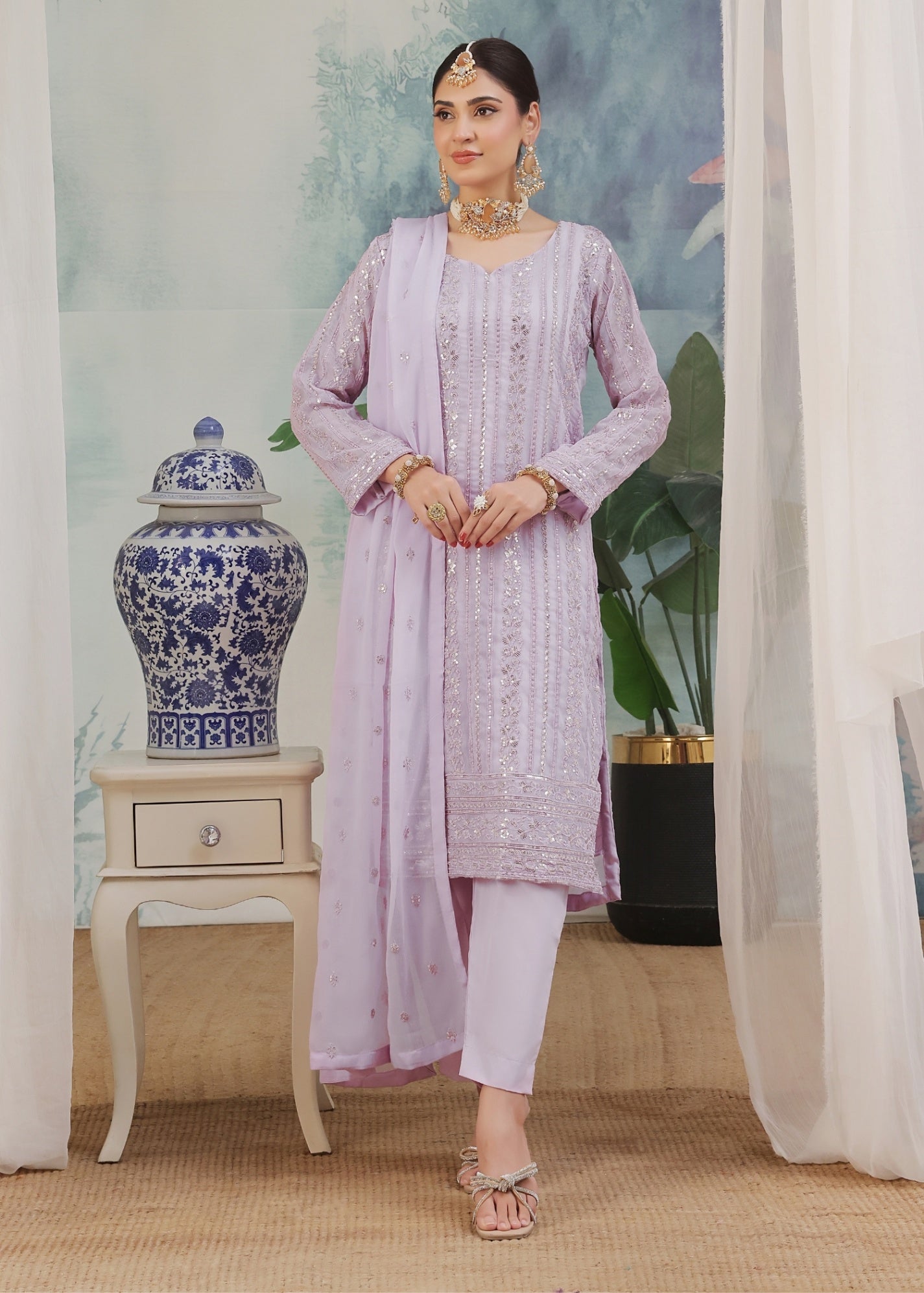 chiffon Kurta Set in Lilac