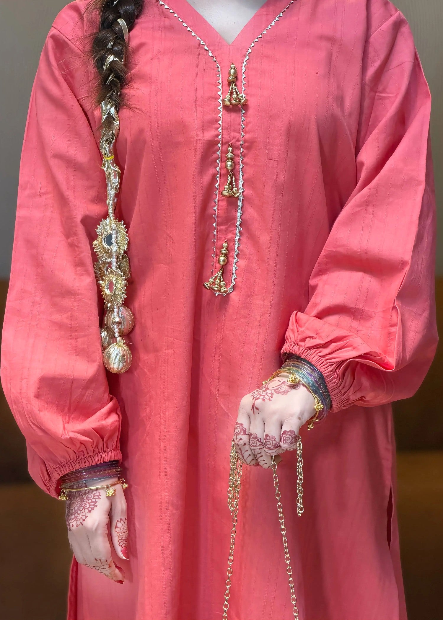 yarn dyed jacquard Kurta Set in Coral orange