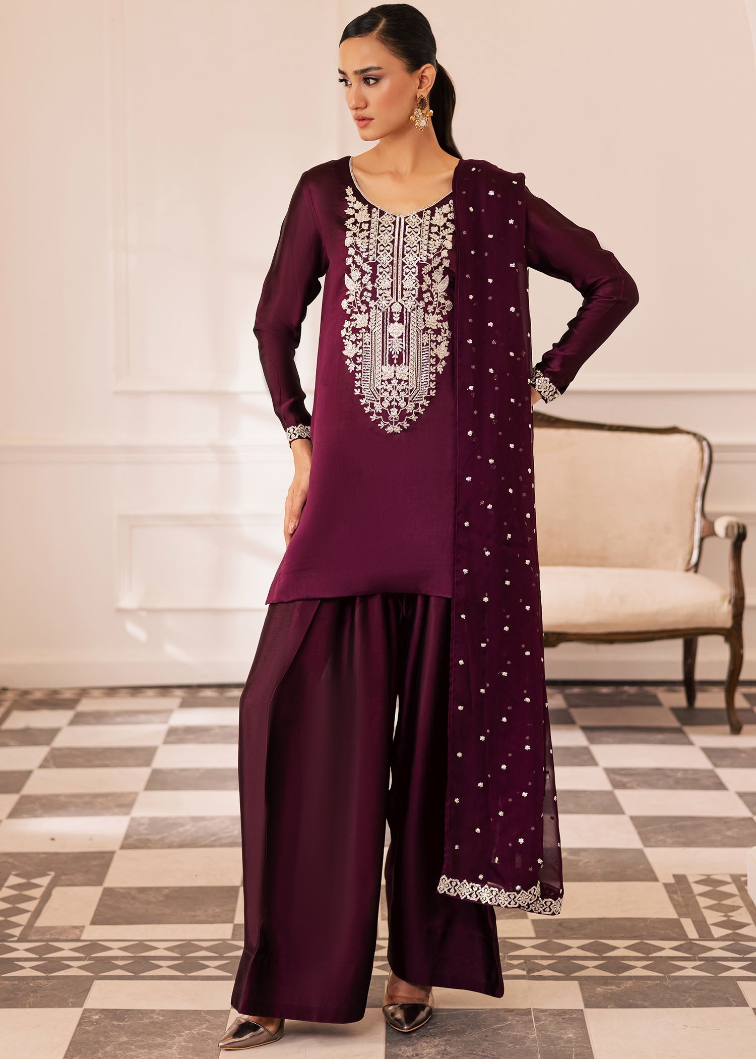 thai silk Kurta Set in Deep purple