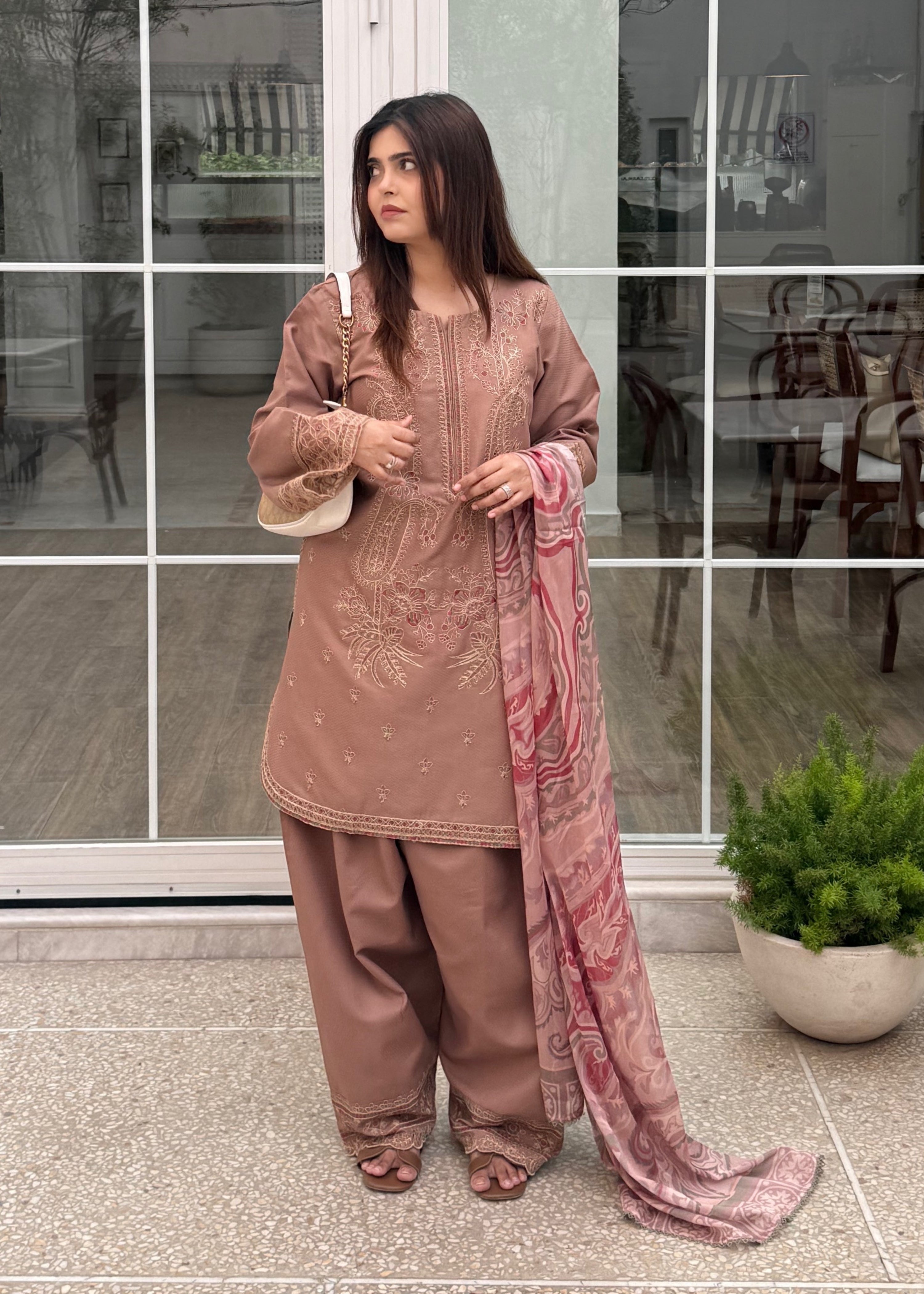 dobby Kurta Set in Camel brown