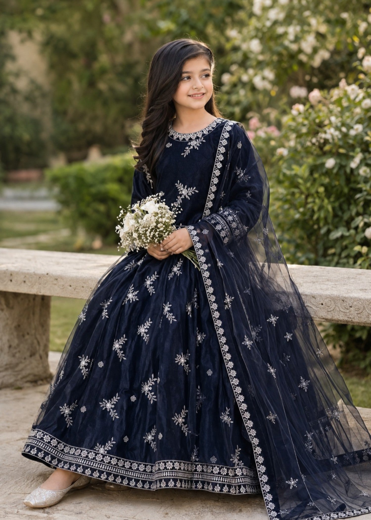 net Lehenga in Navy blue