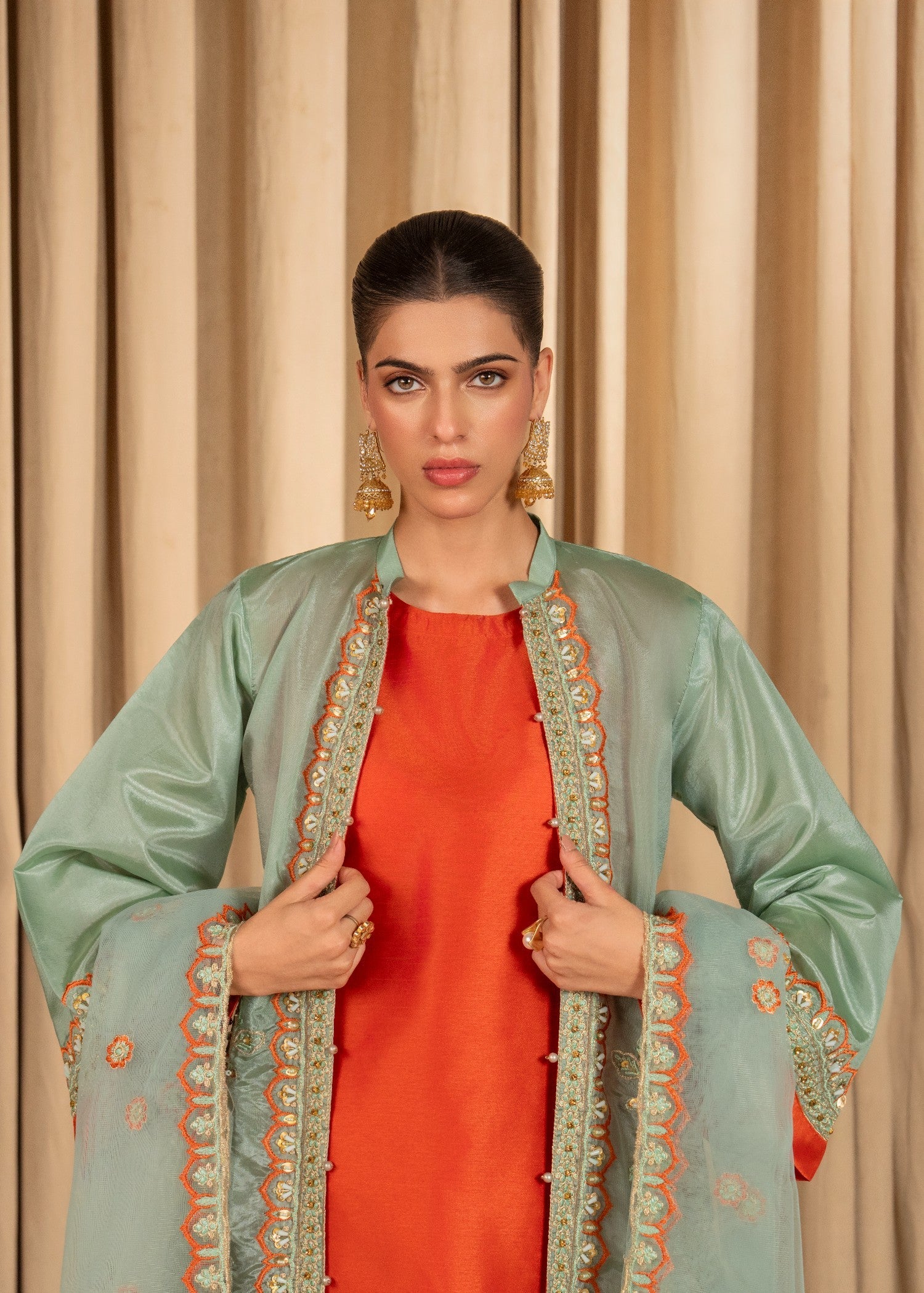 raw silk Gown in Mint green
