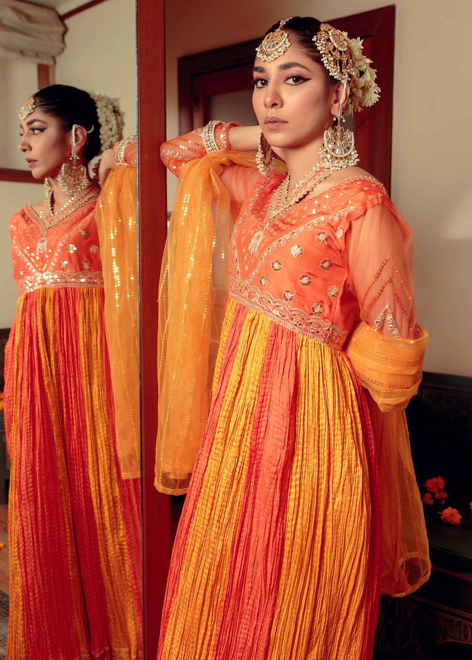 cotton silk Pishwas in Orange