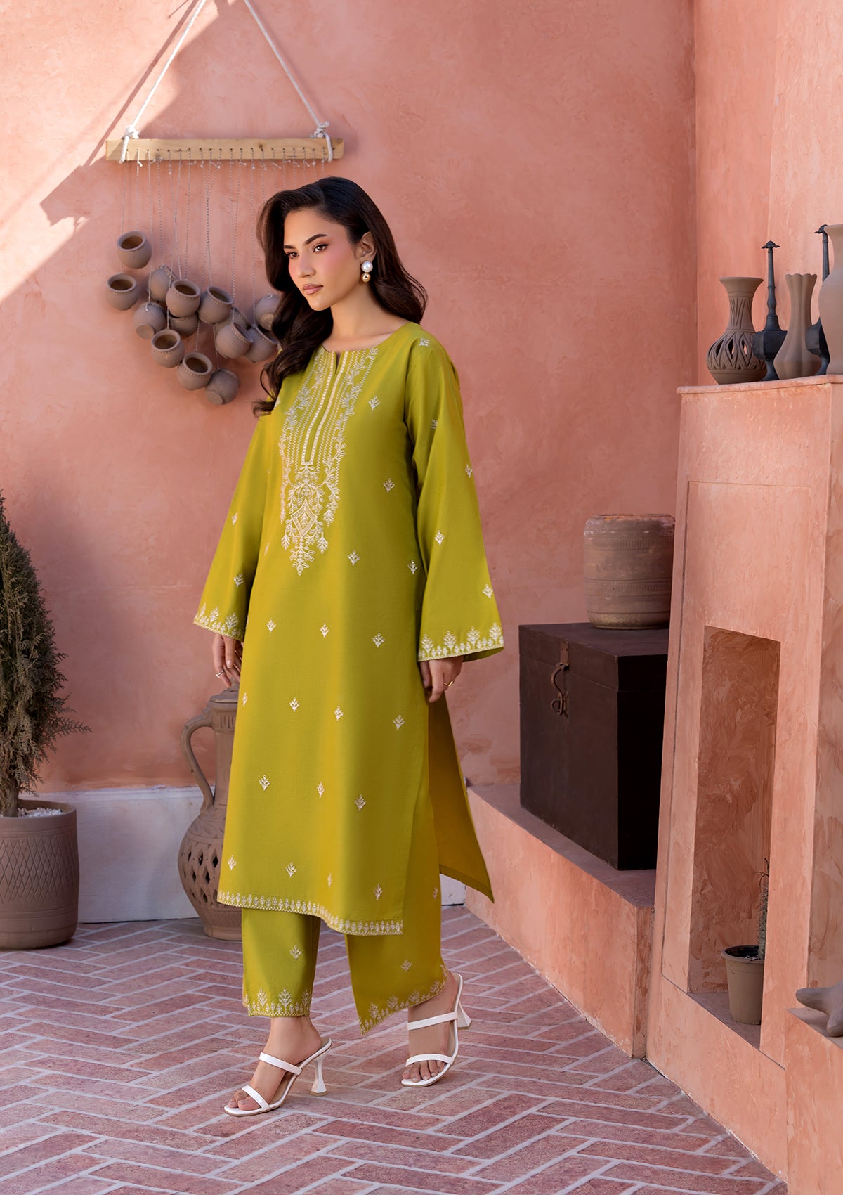 cotton Kurta Set in Yellow green