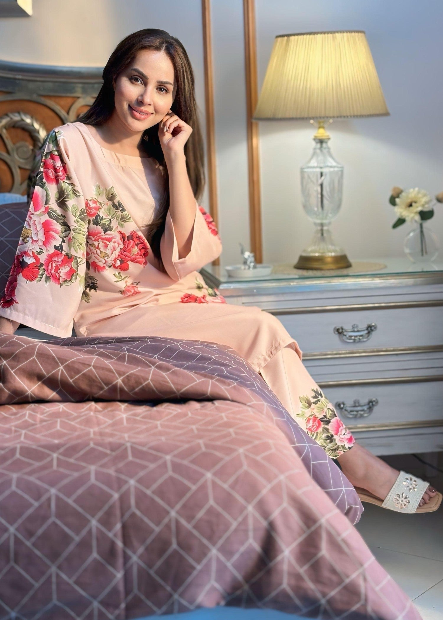 poly lawn Co Ord Sets in Peach pink