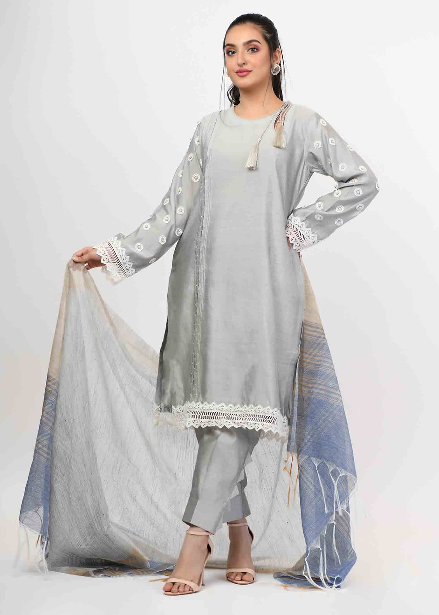 cotton silk Kurta Set in Grey