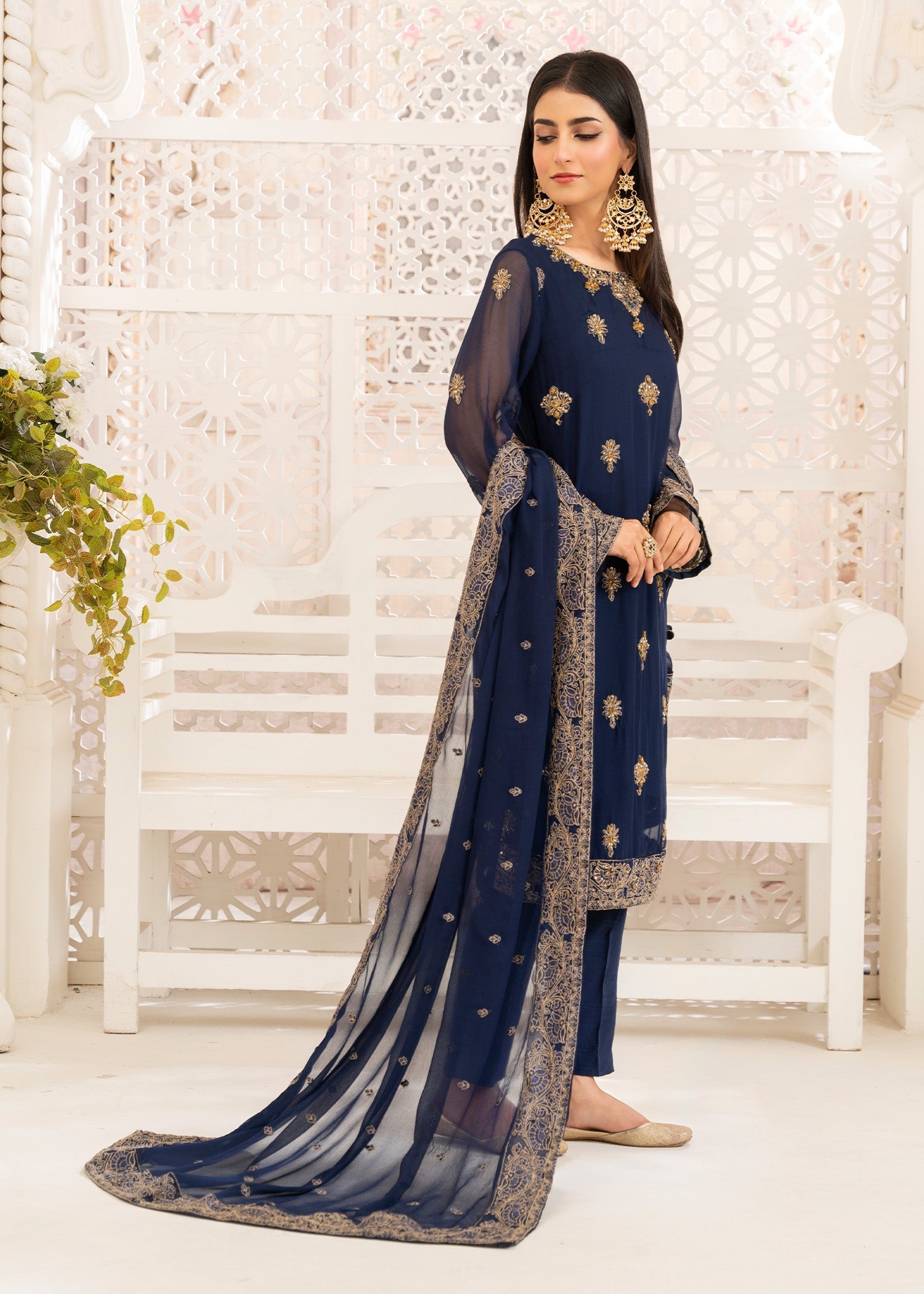chiffon Kurta Set in Dark blue