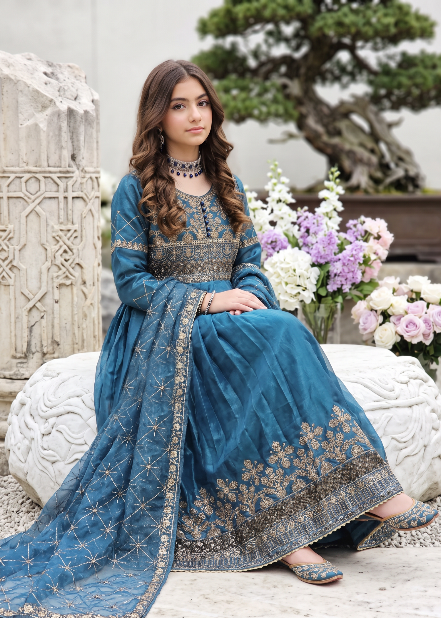 tissue silk Pishwas in Teal