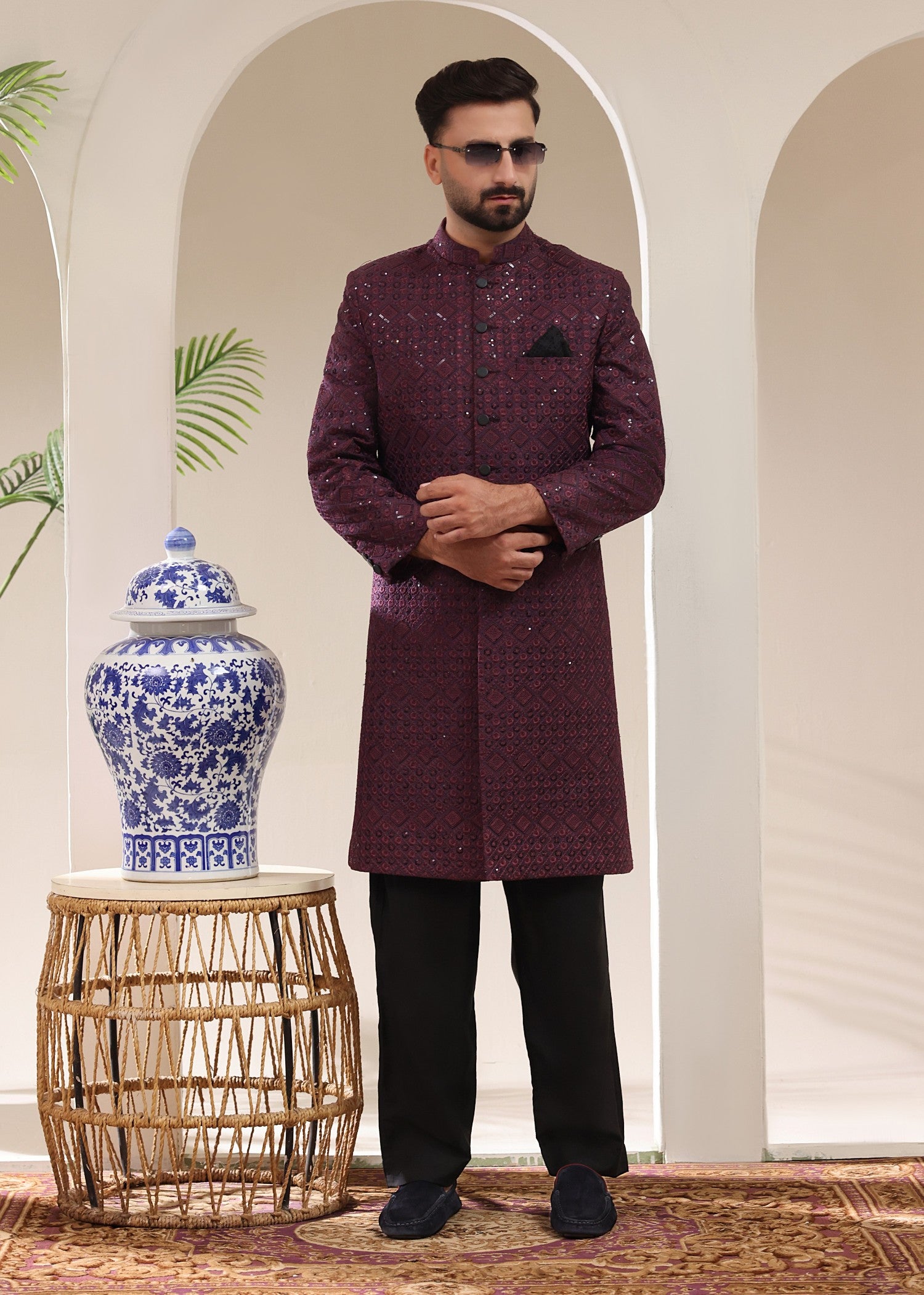 jamawar Sherwani in Purple heart