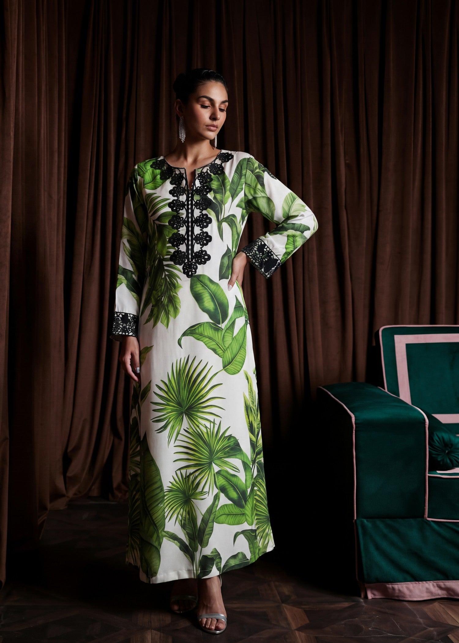 poly silk Kurti in Forest green, ivory