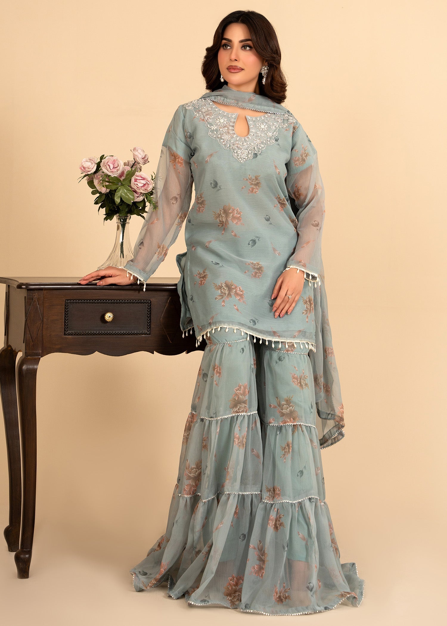 bemberg crinkle chiffon Gharara in Ice blue