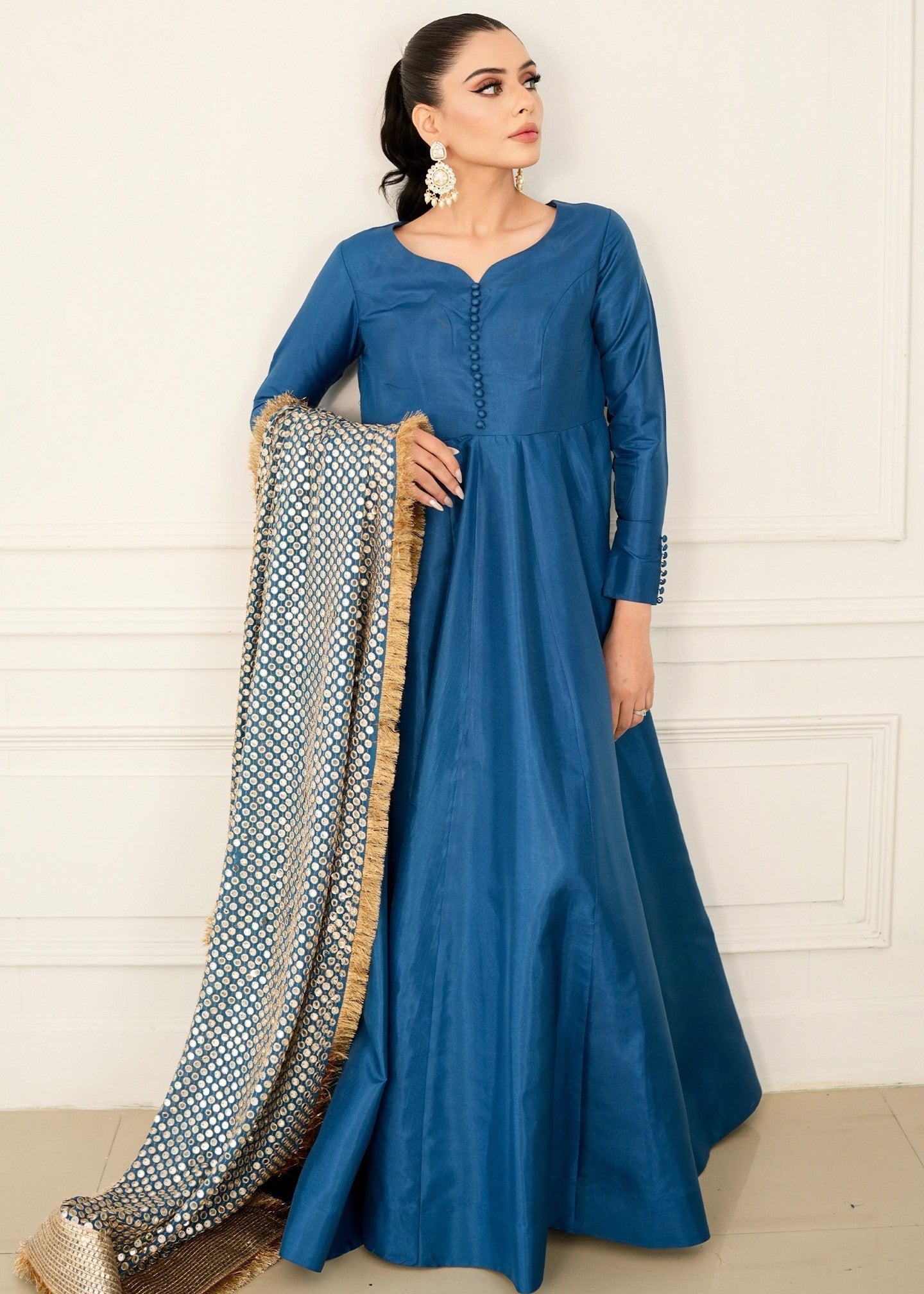 kattan silk Pishwas in Teal