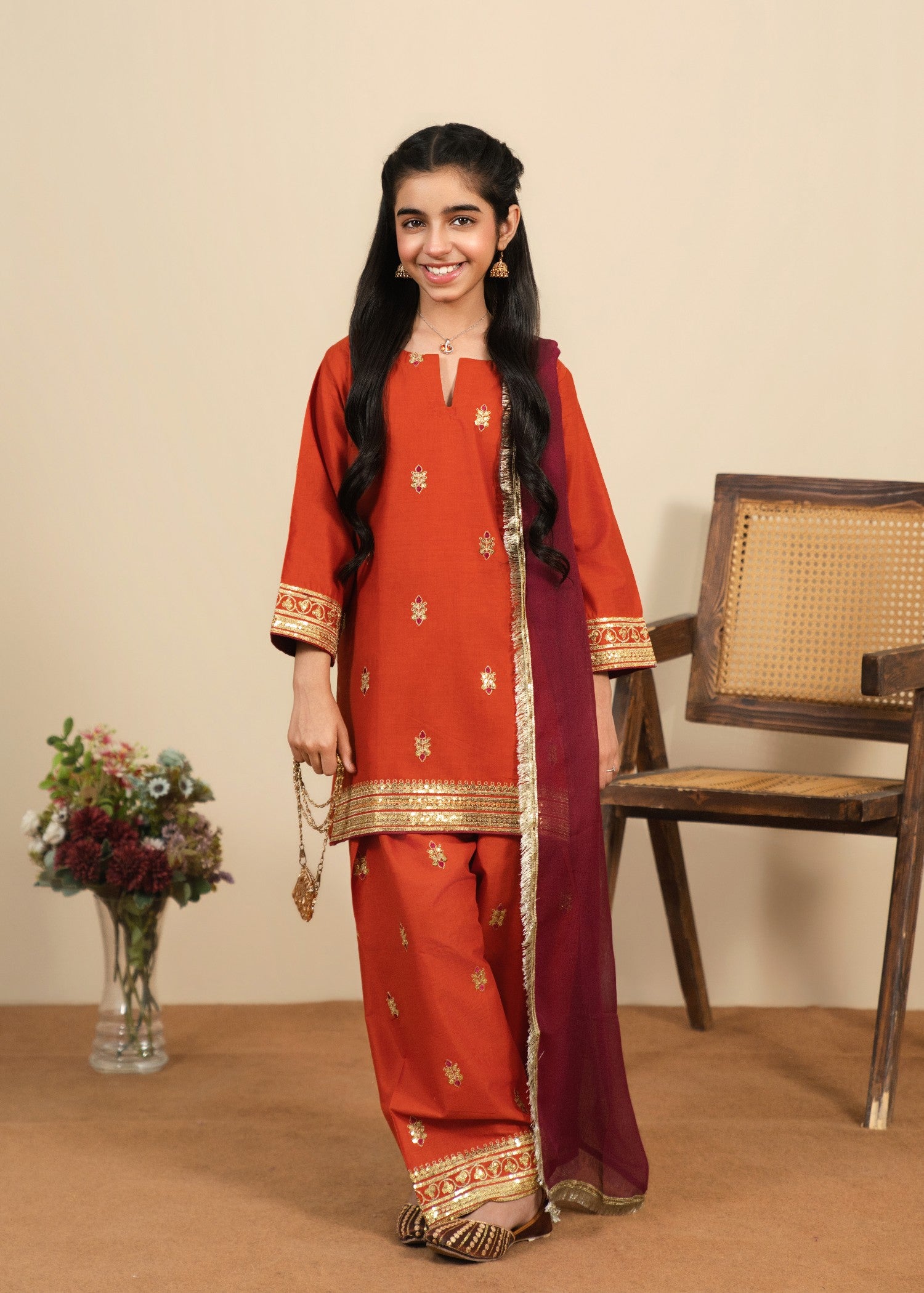 cotton Kurta Set in Rust orange