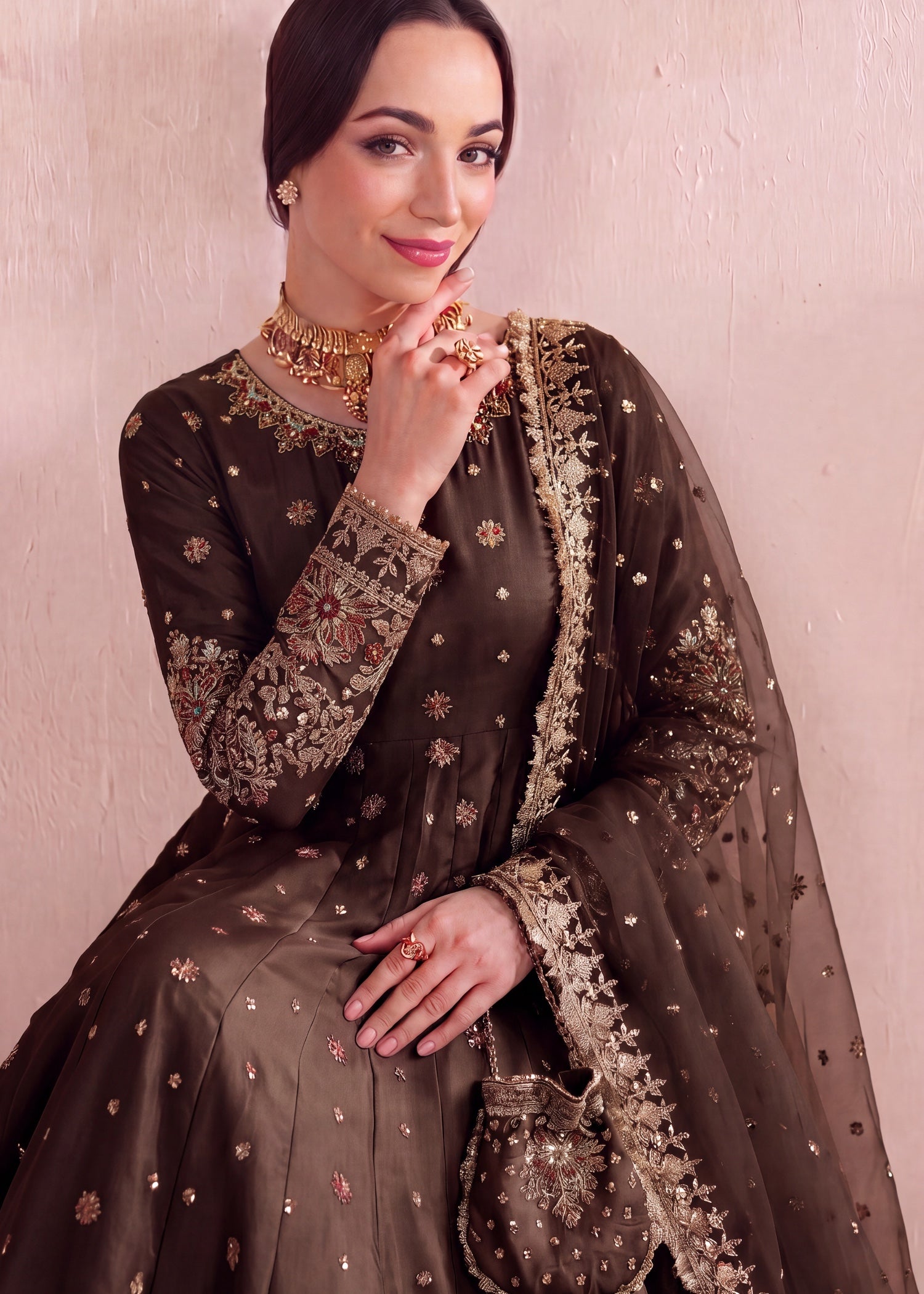 silk Pishwas in Mocha brown