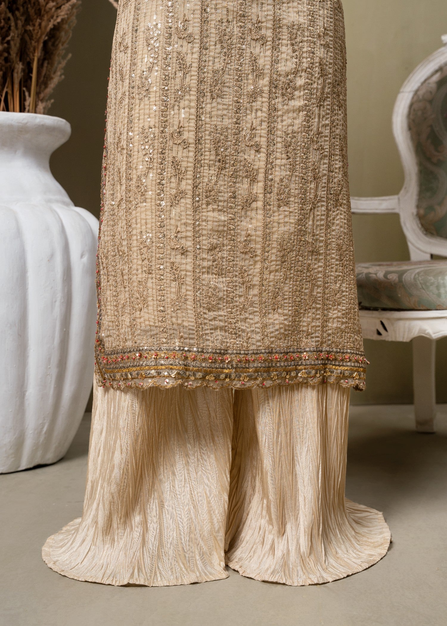 chiffon Kurta Set in Maroon, beige