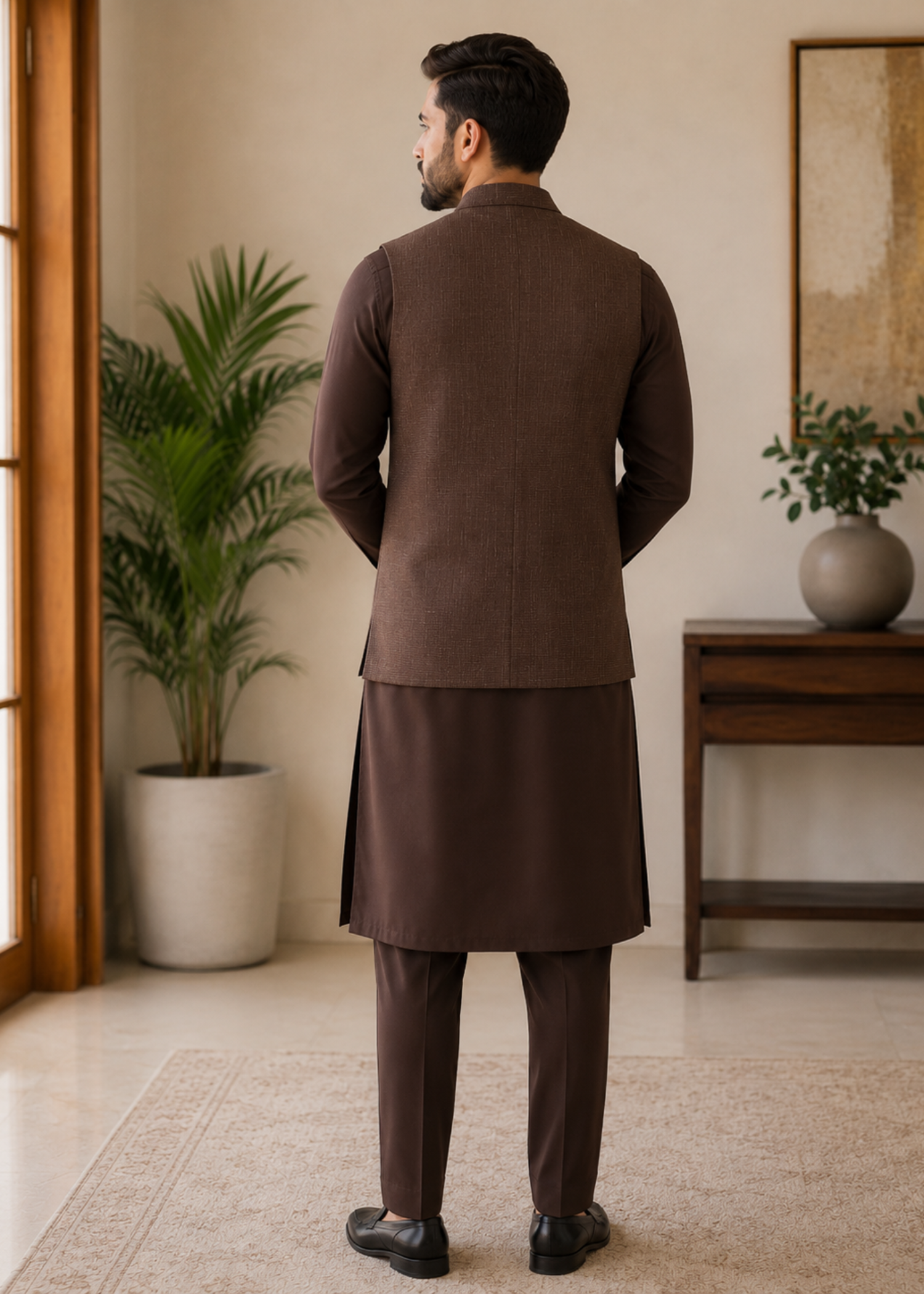textured wash & wear Waistcoat in Walnut brown