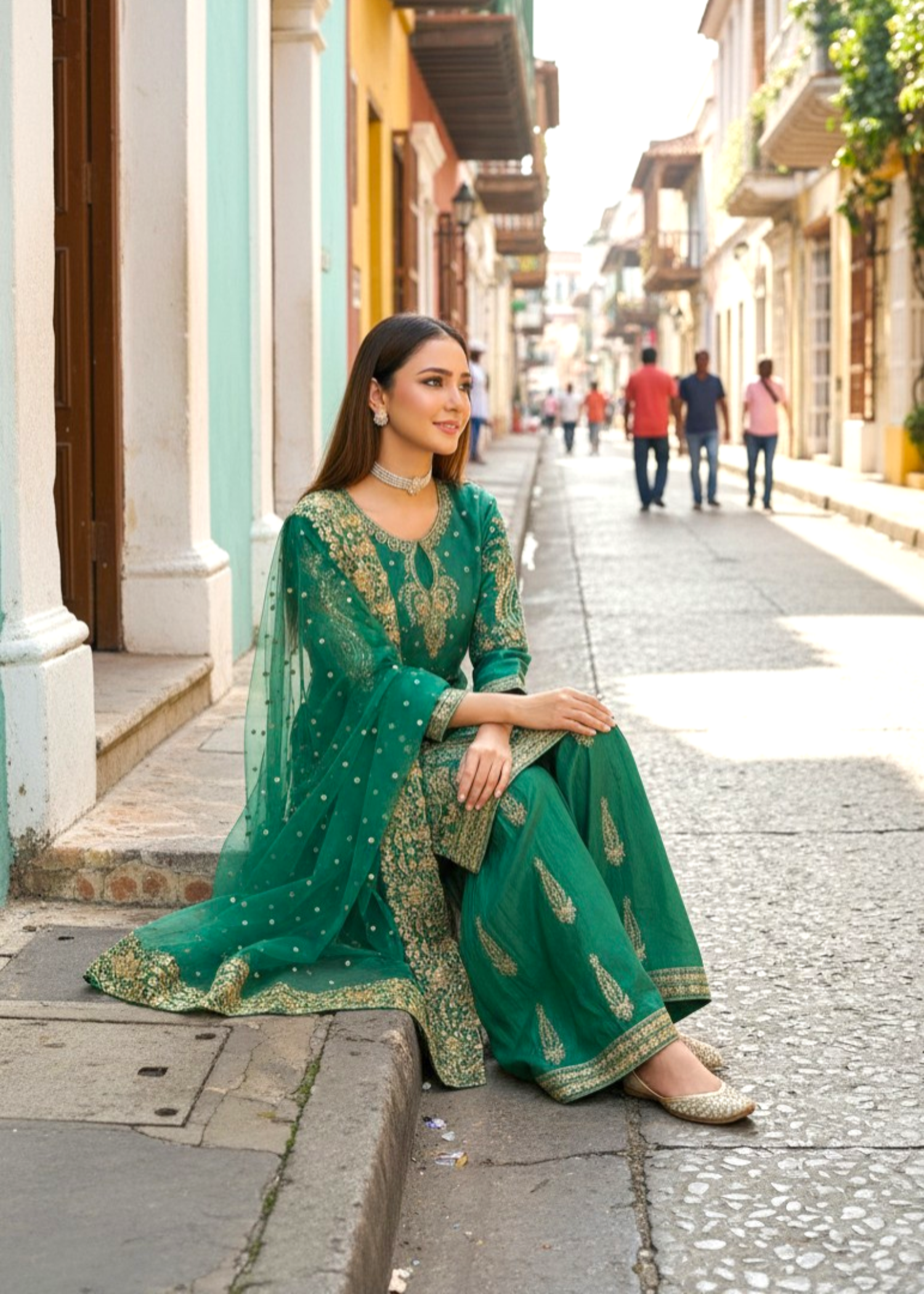 chiffon Gharara in Emerald green