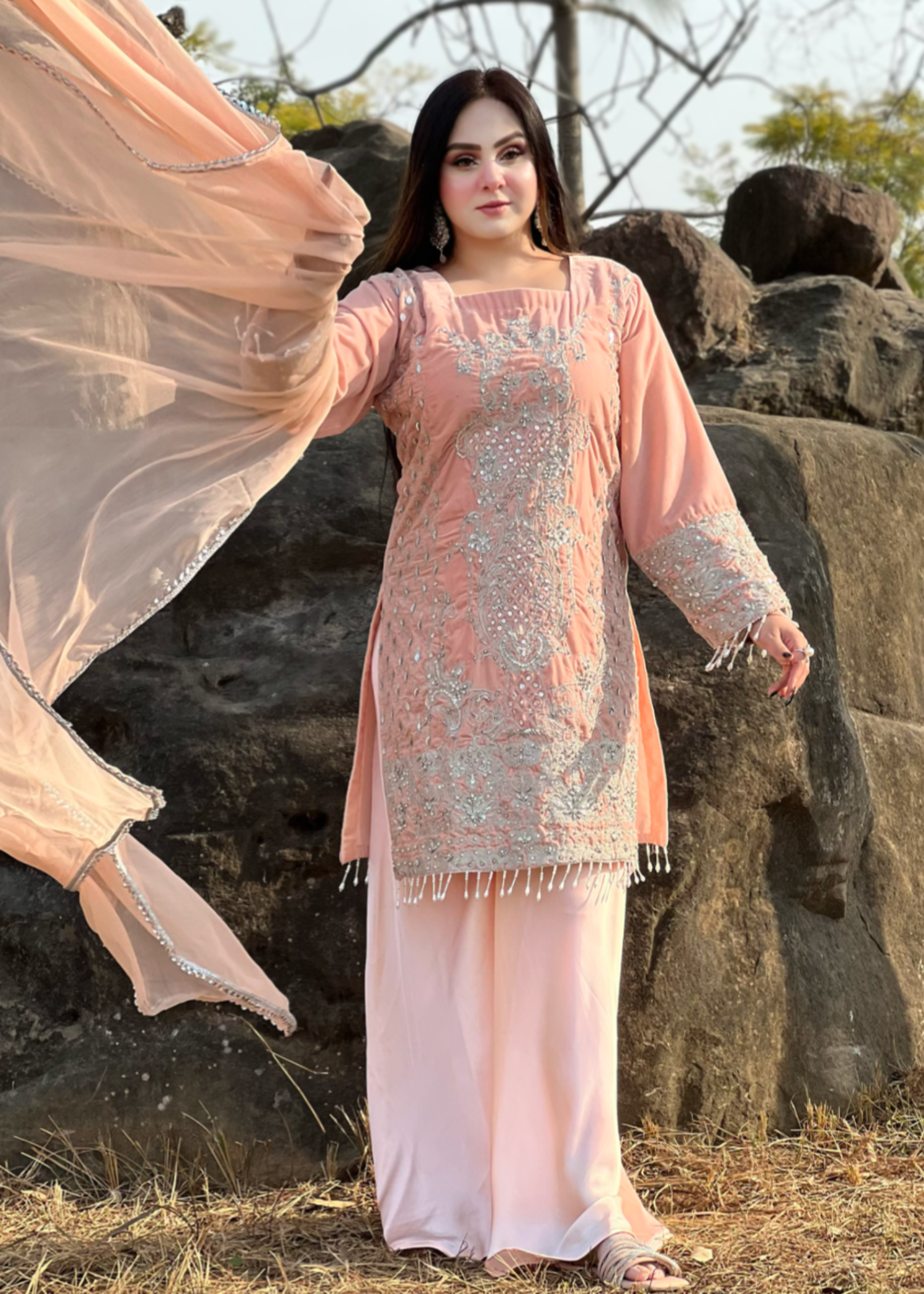 velvet Kurta Set in Light pink