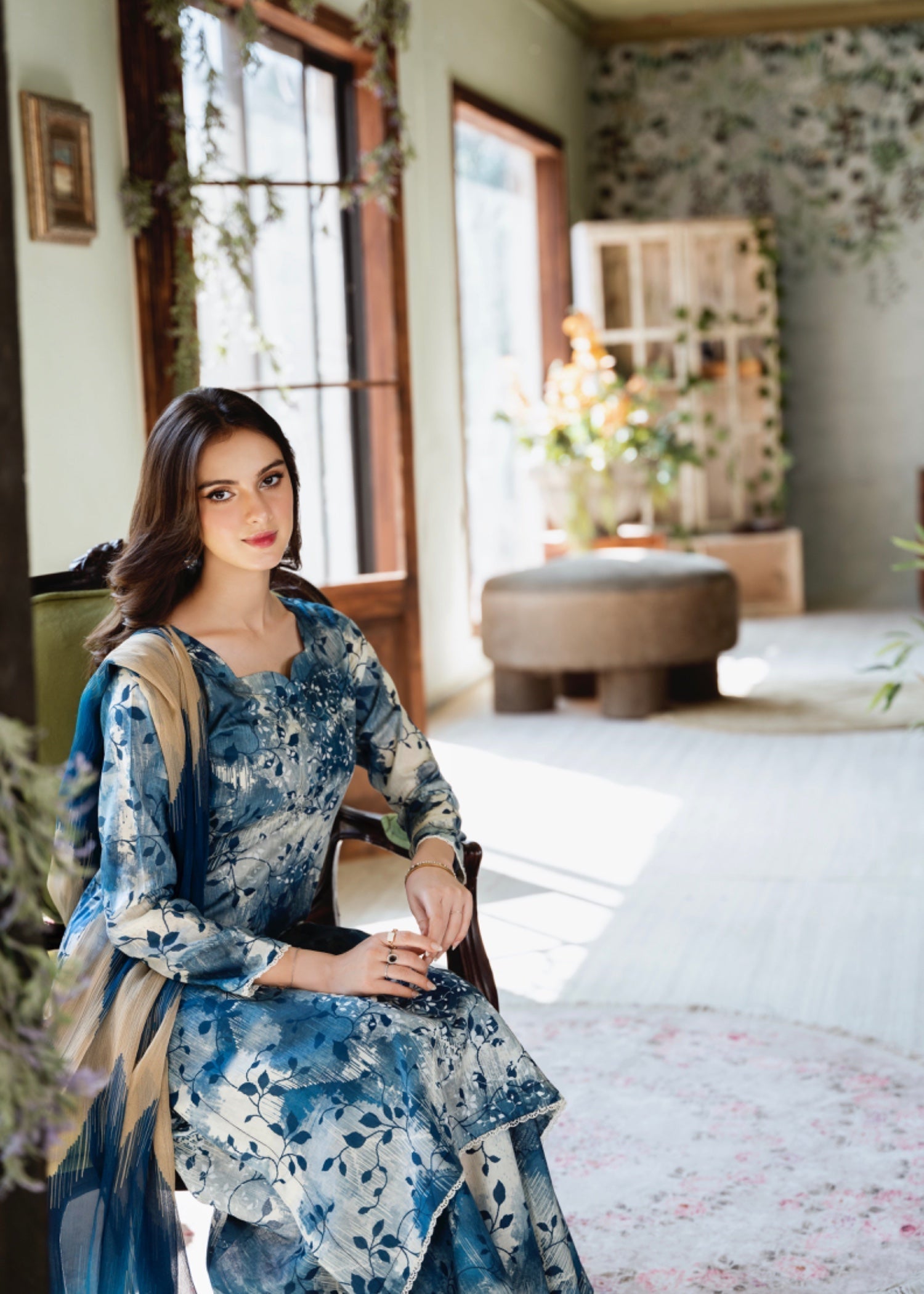 lawn Sharara in Antique white, powder blue