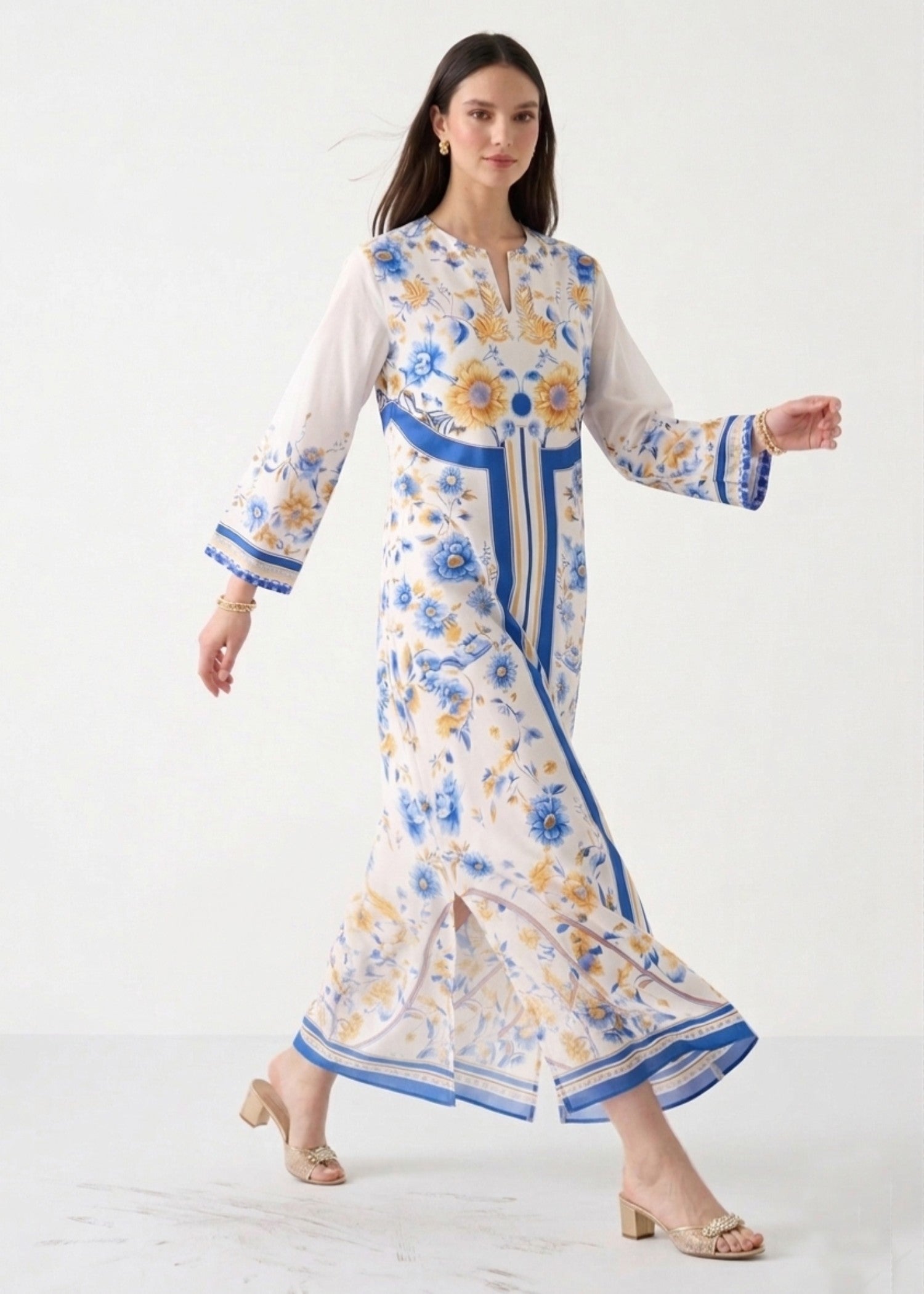 crepe Kaftan in Blue, ivory