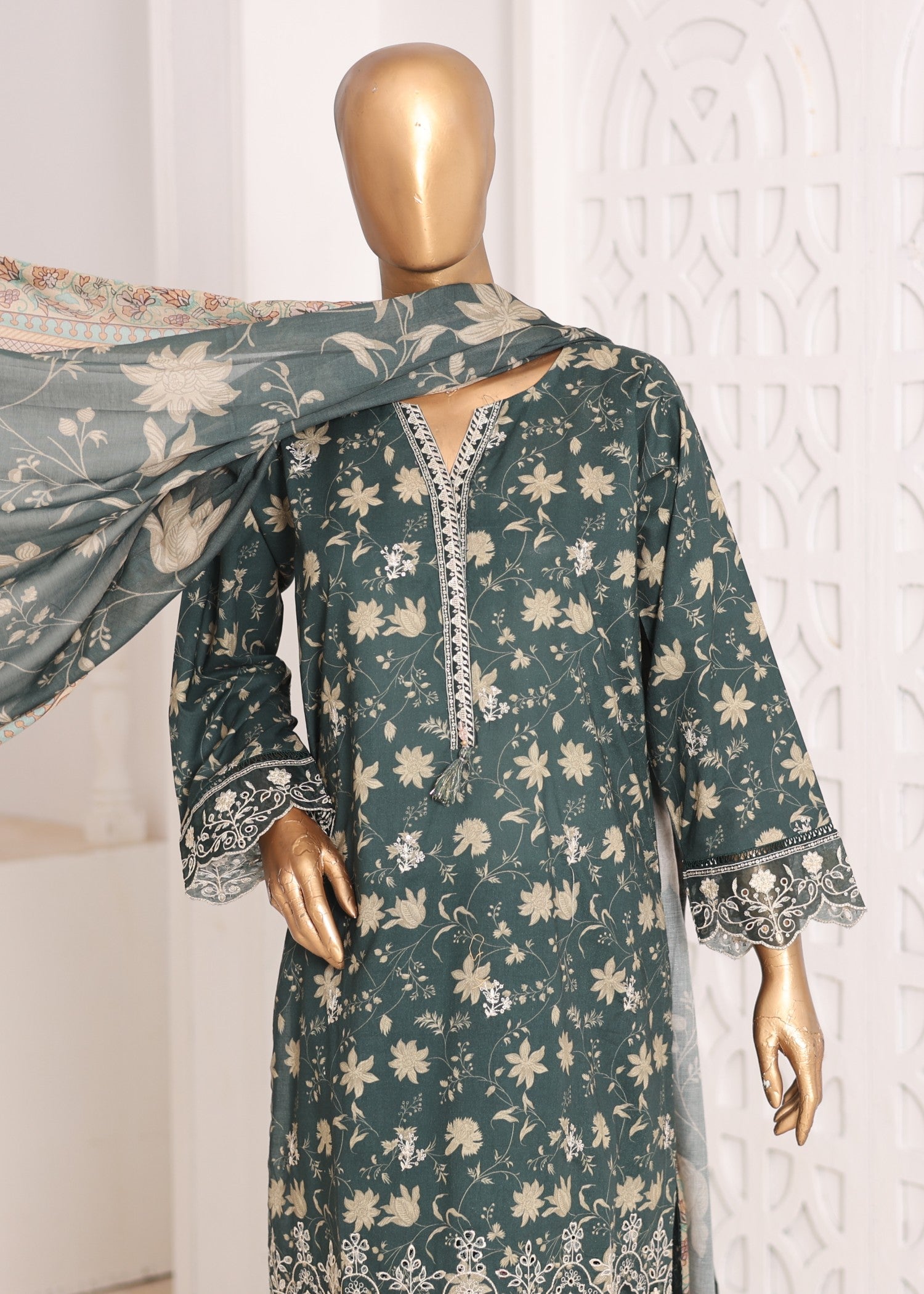 lawn Kurta Set in Bottle green