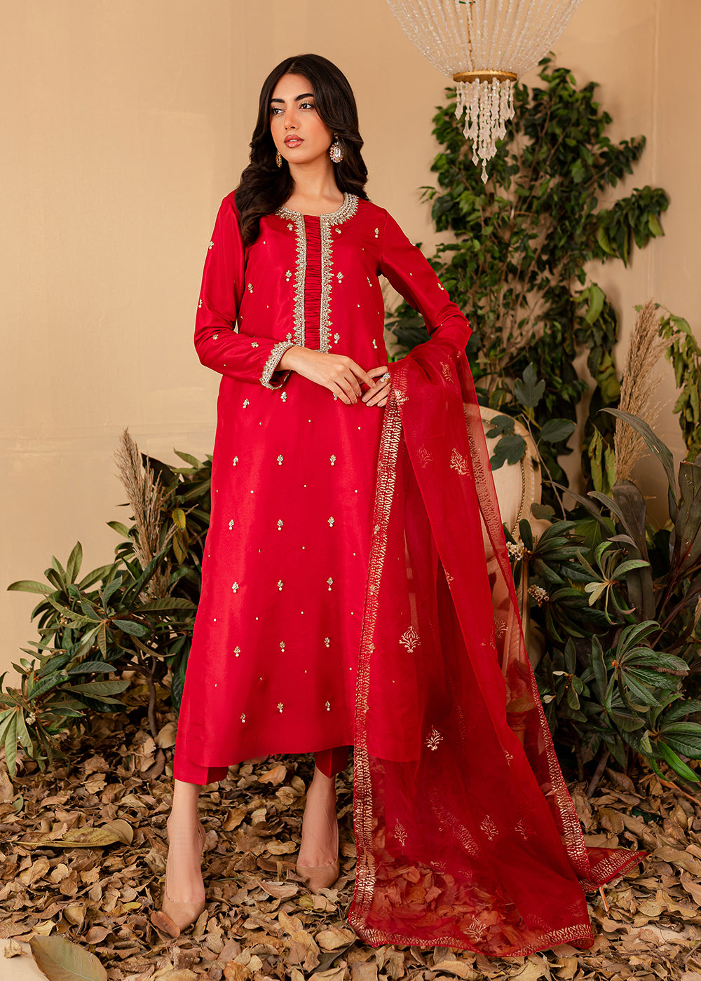raw silk Kurta Set in Red