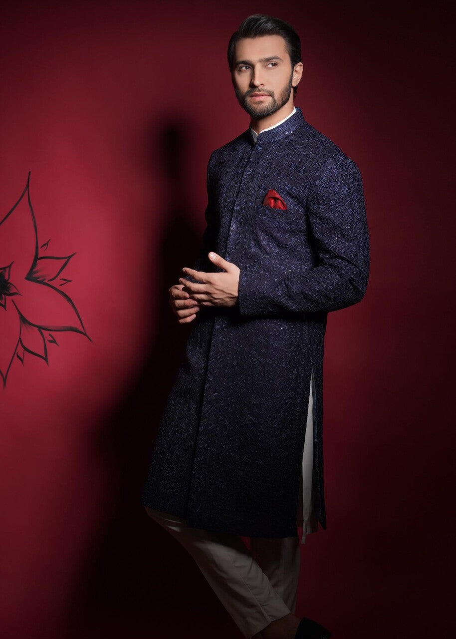 raw silk Sherwani in Navy blue