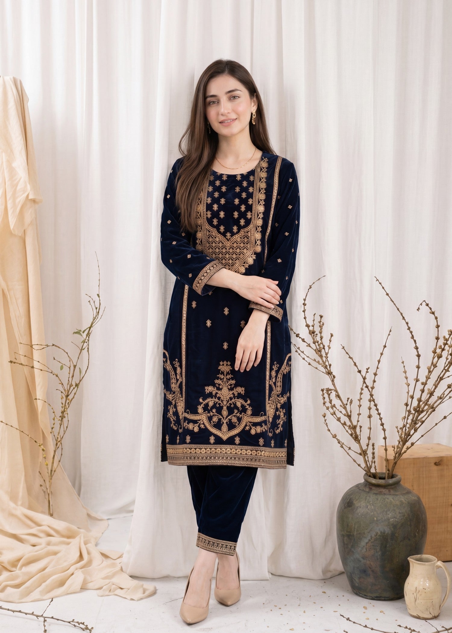 velvet Kurta Set in Royal blue