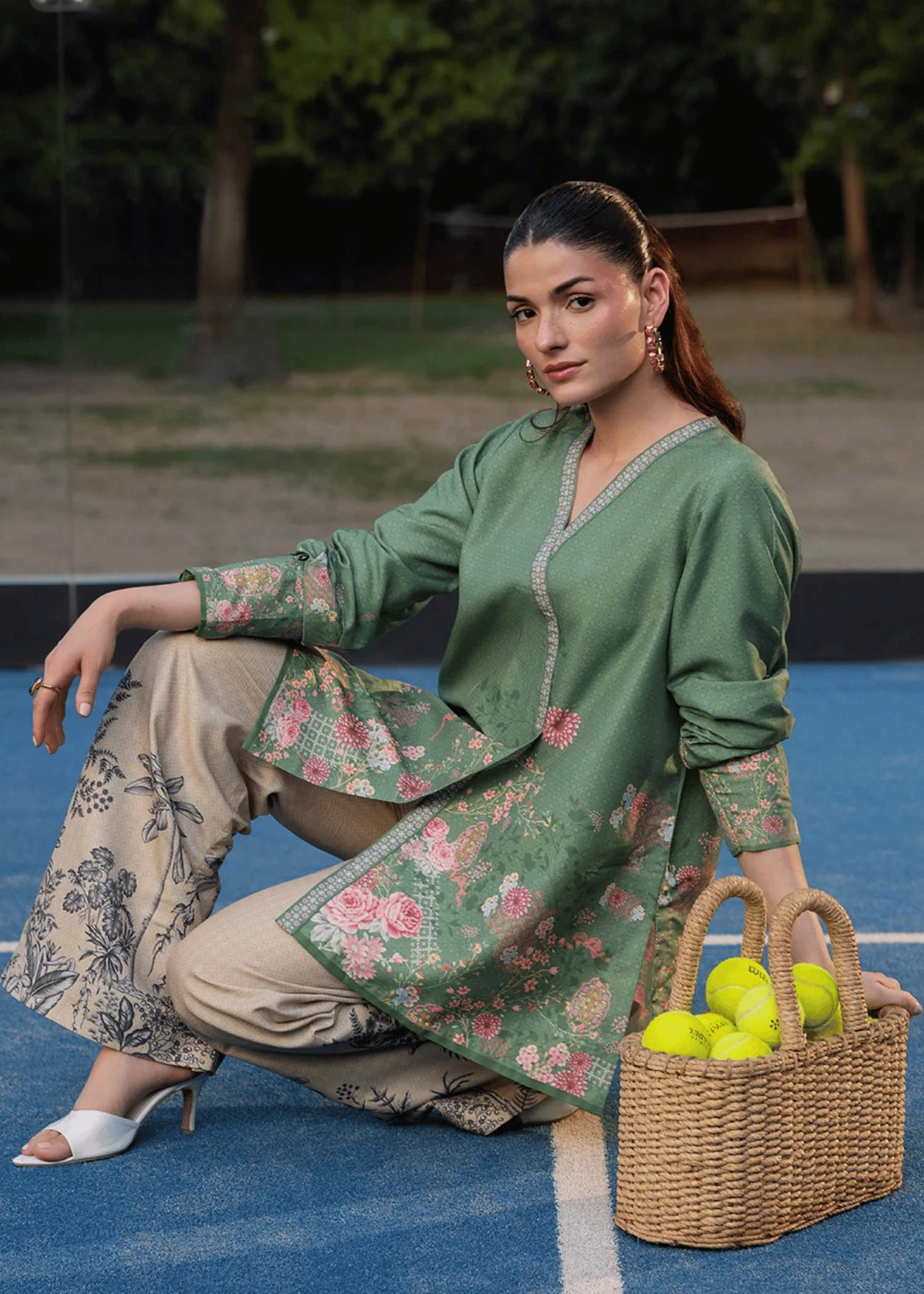 arabic lawn Kurta Set in Champagne, moss green