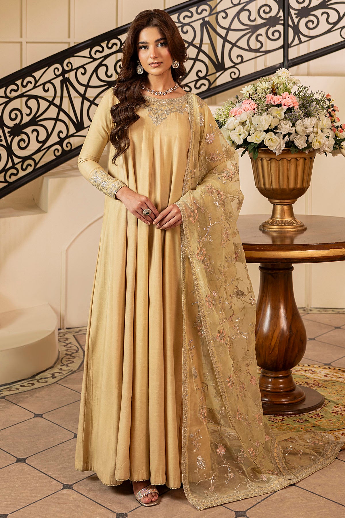 silk Pishwas in Beige