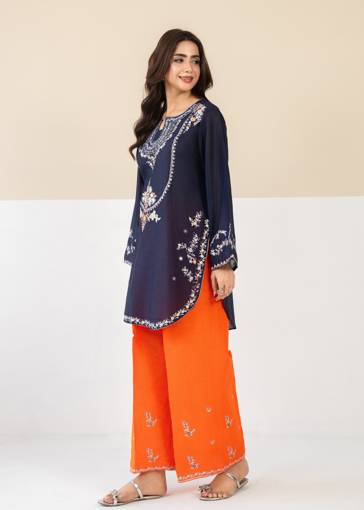 lawn Kurta Set in Orange, navy blue