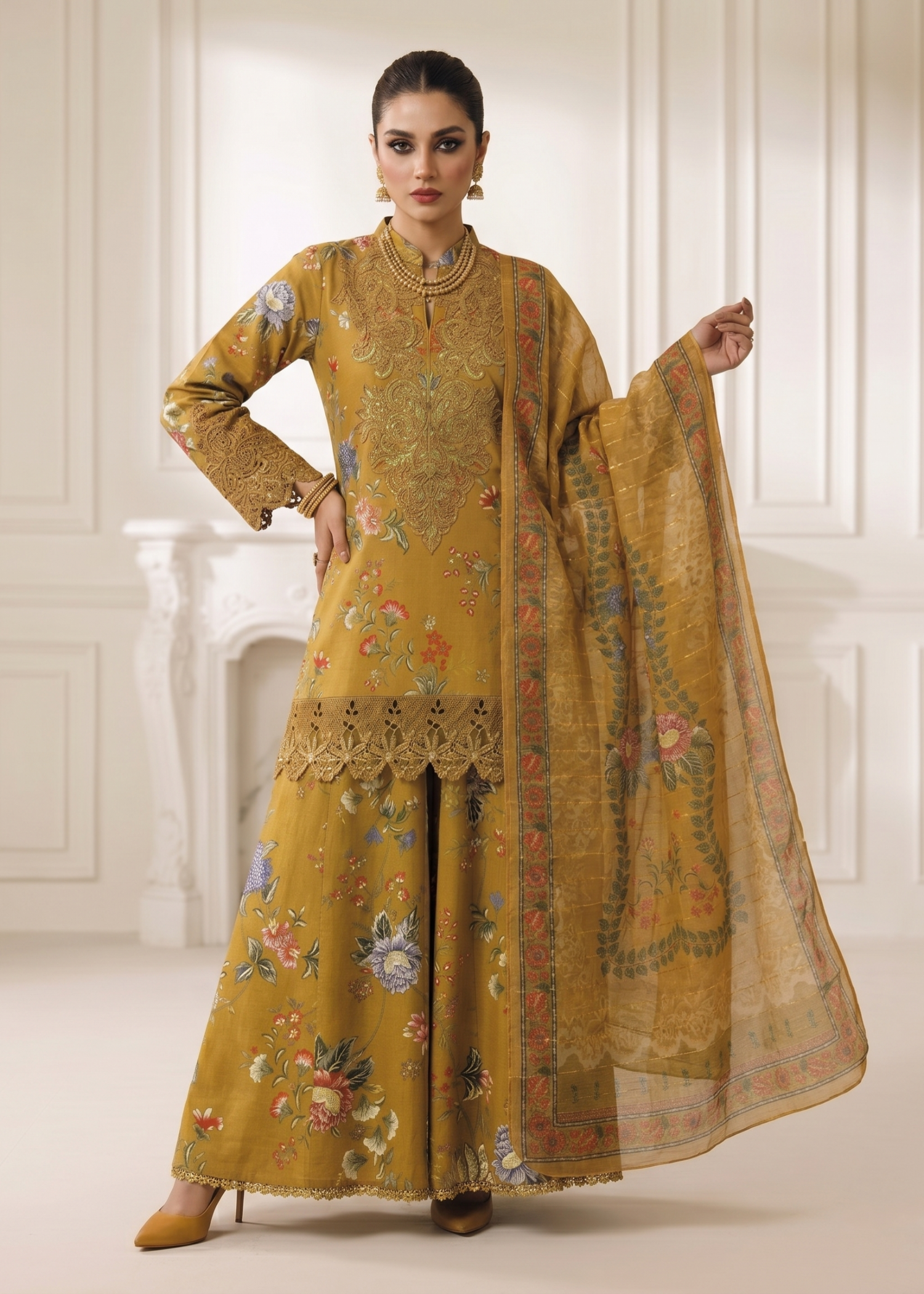 lawn Sharara in Mustard